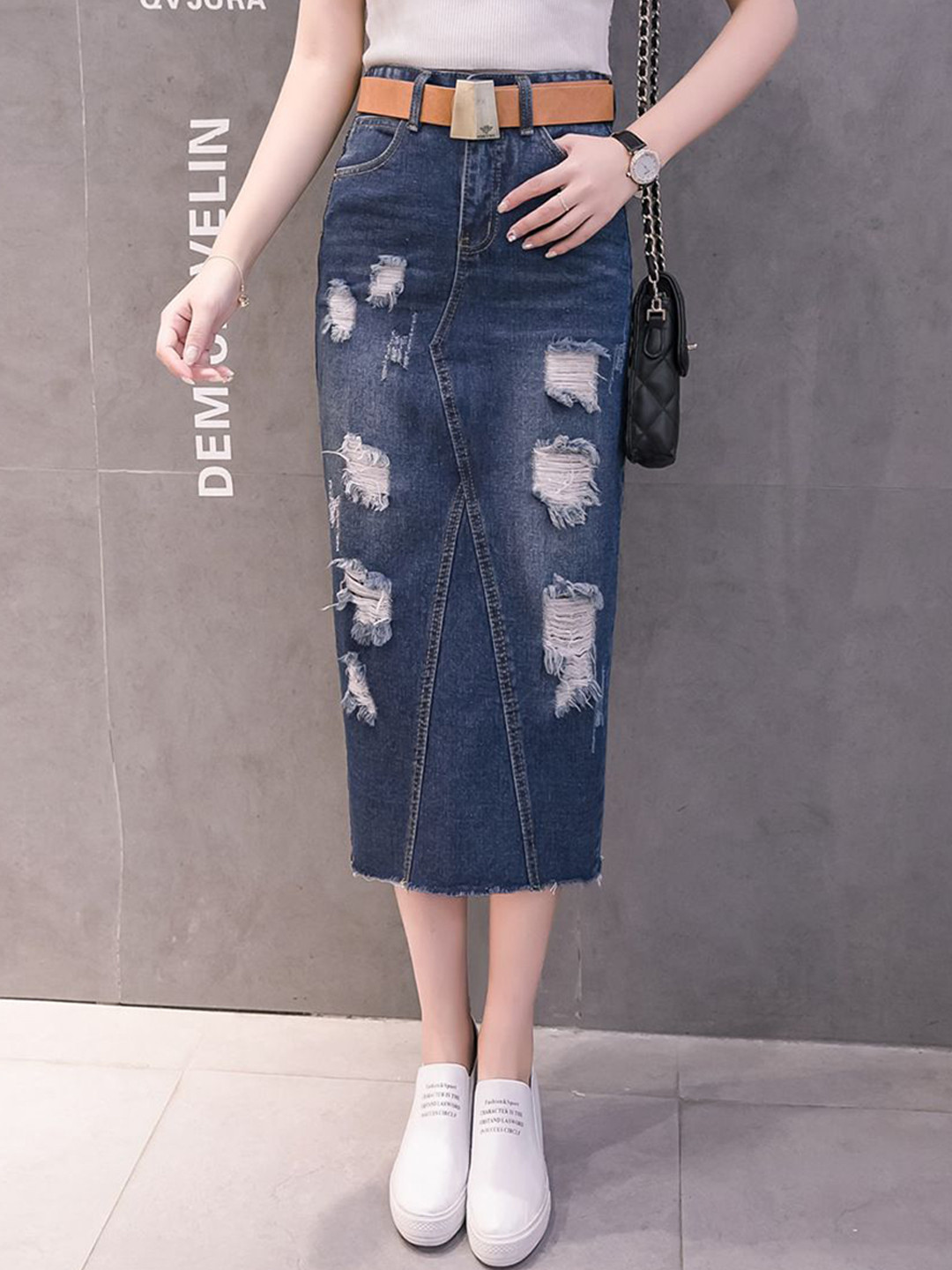 StyleCast Distressed Straight Midi Skirt