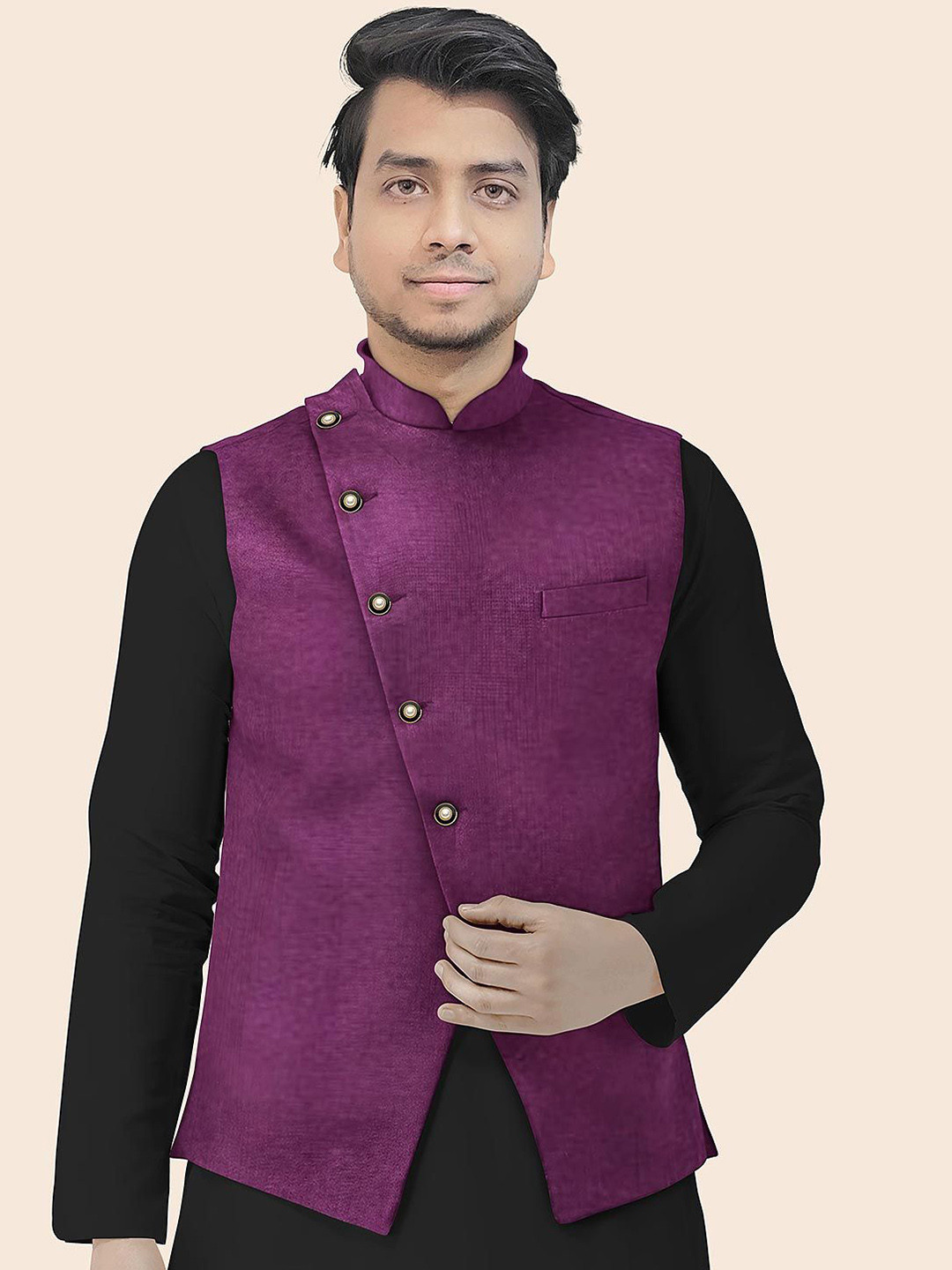 Utsav Fashion Men Solid Color Velvet Nehru Jacket in Dark Purple