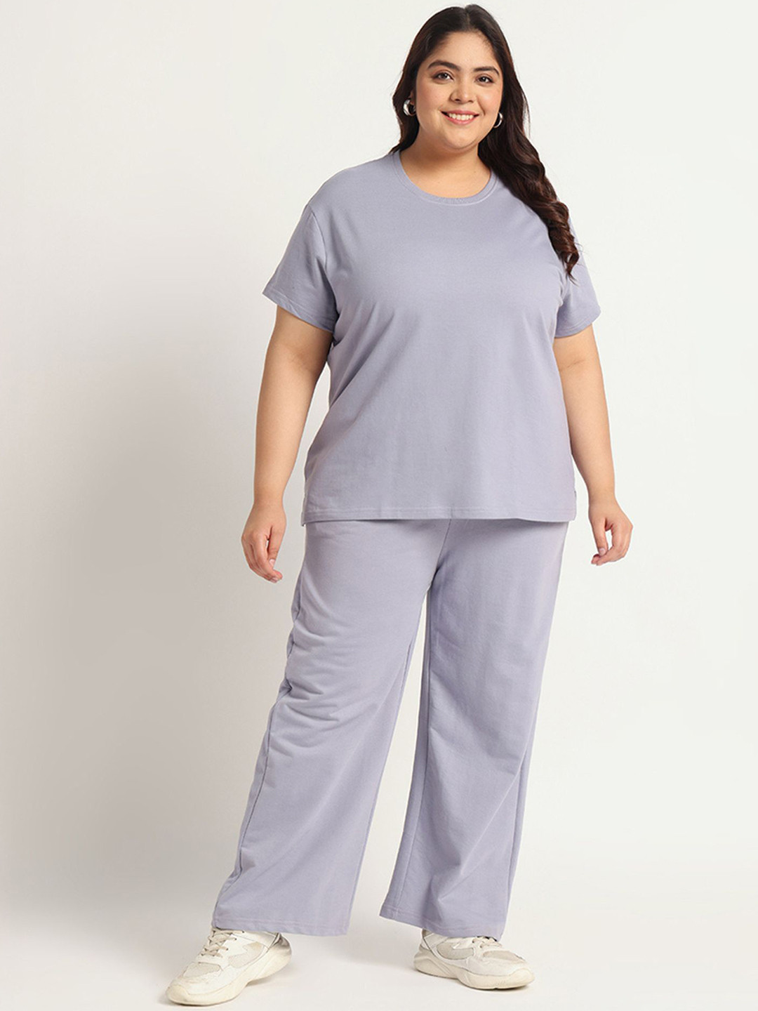 GlamZei Women Plus Size Solid Round Neck Cotton T-shirt and Leggings Co-Ords