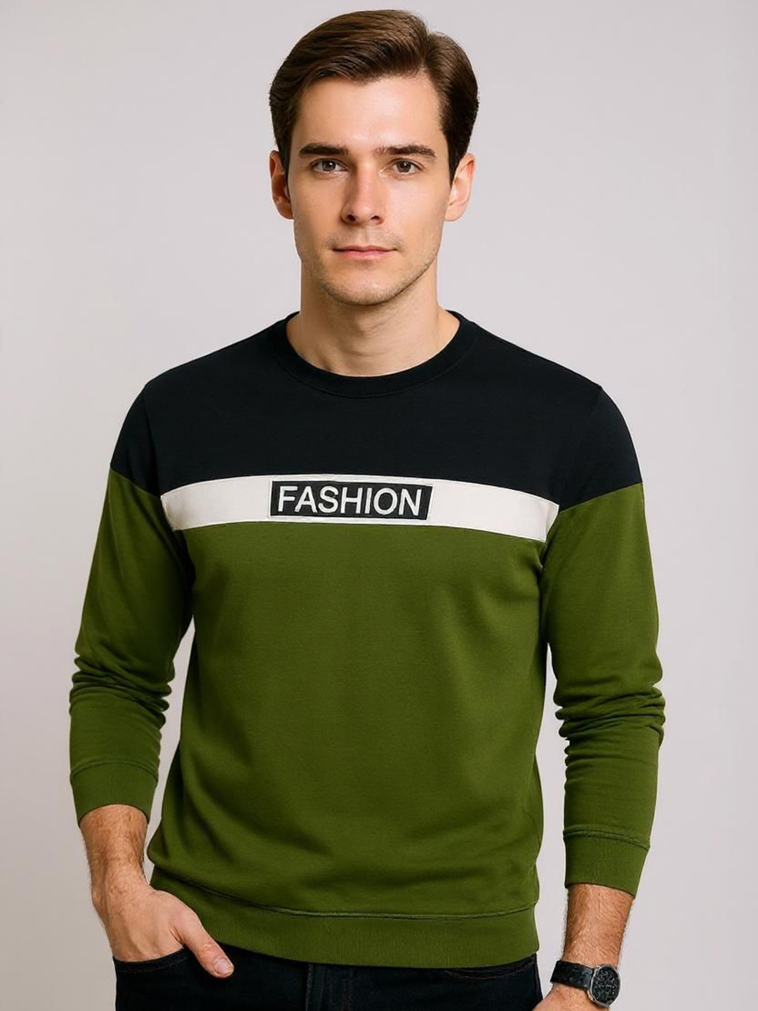 AUTNA Men Colourblocked Round Neck Cotton T-shirt