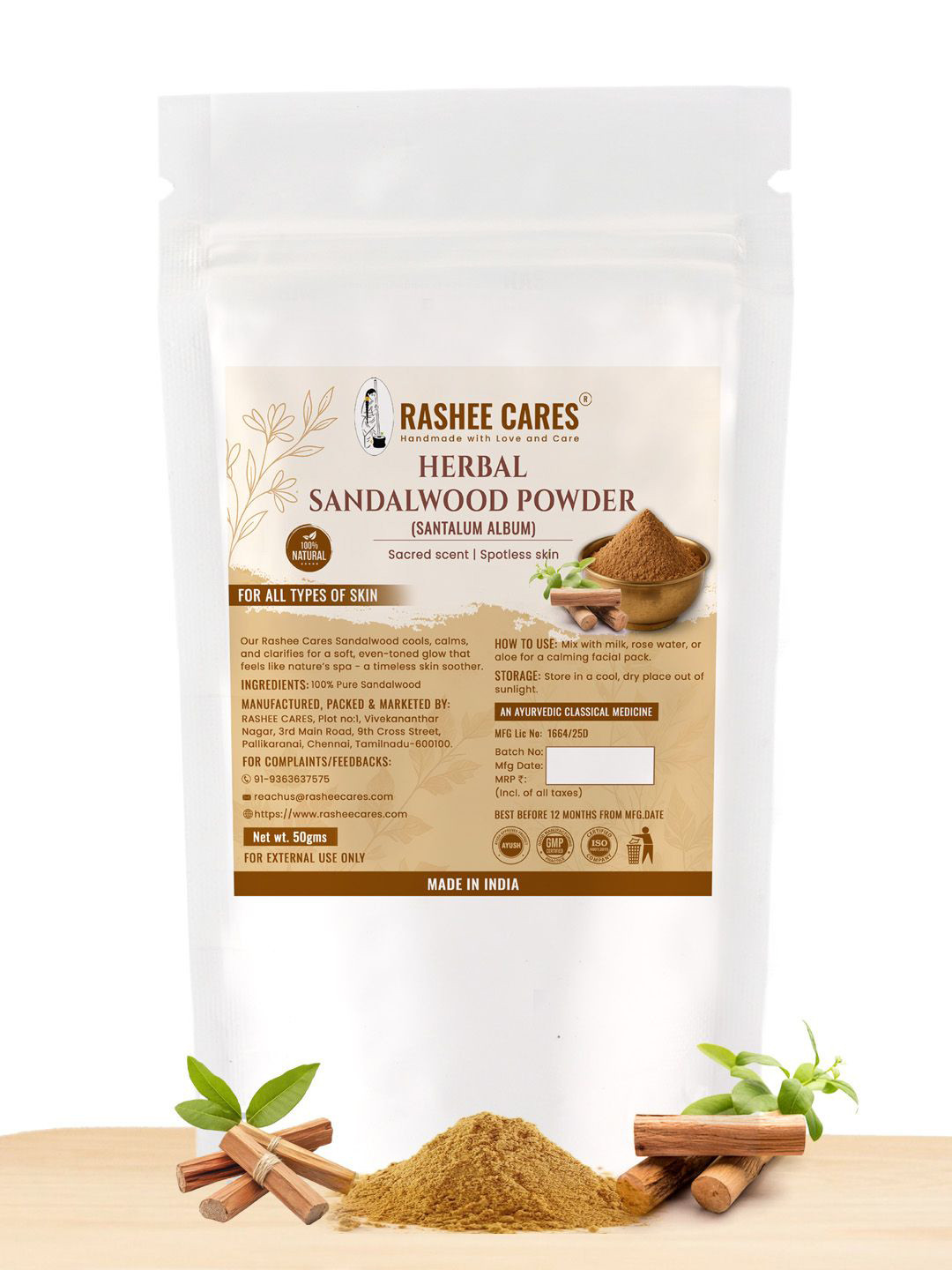 RASHEE CARES Herbal Sandalwood Powder For Soothing Skin - 50 g