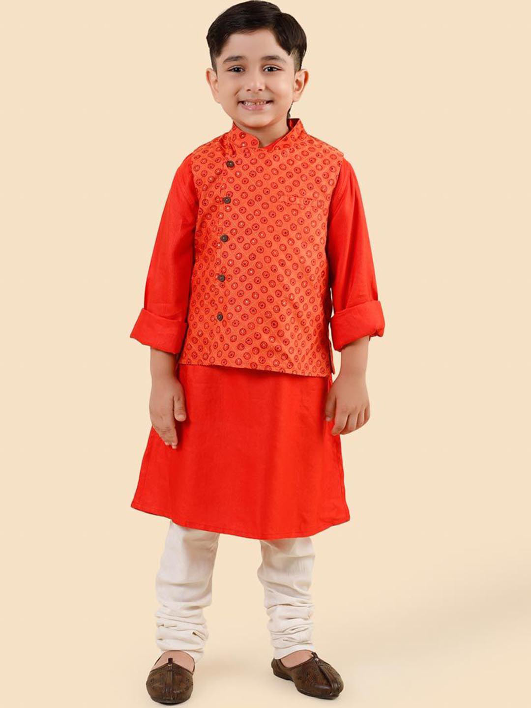 Fabindia Boys Hand Block Printed Kurta with Nehru Jacket