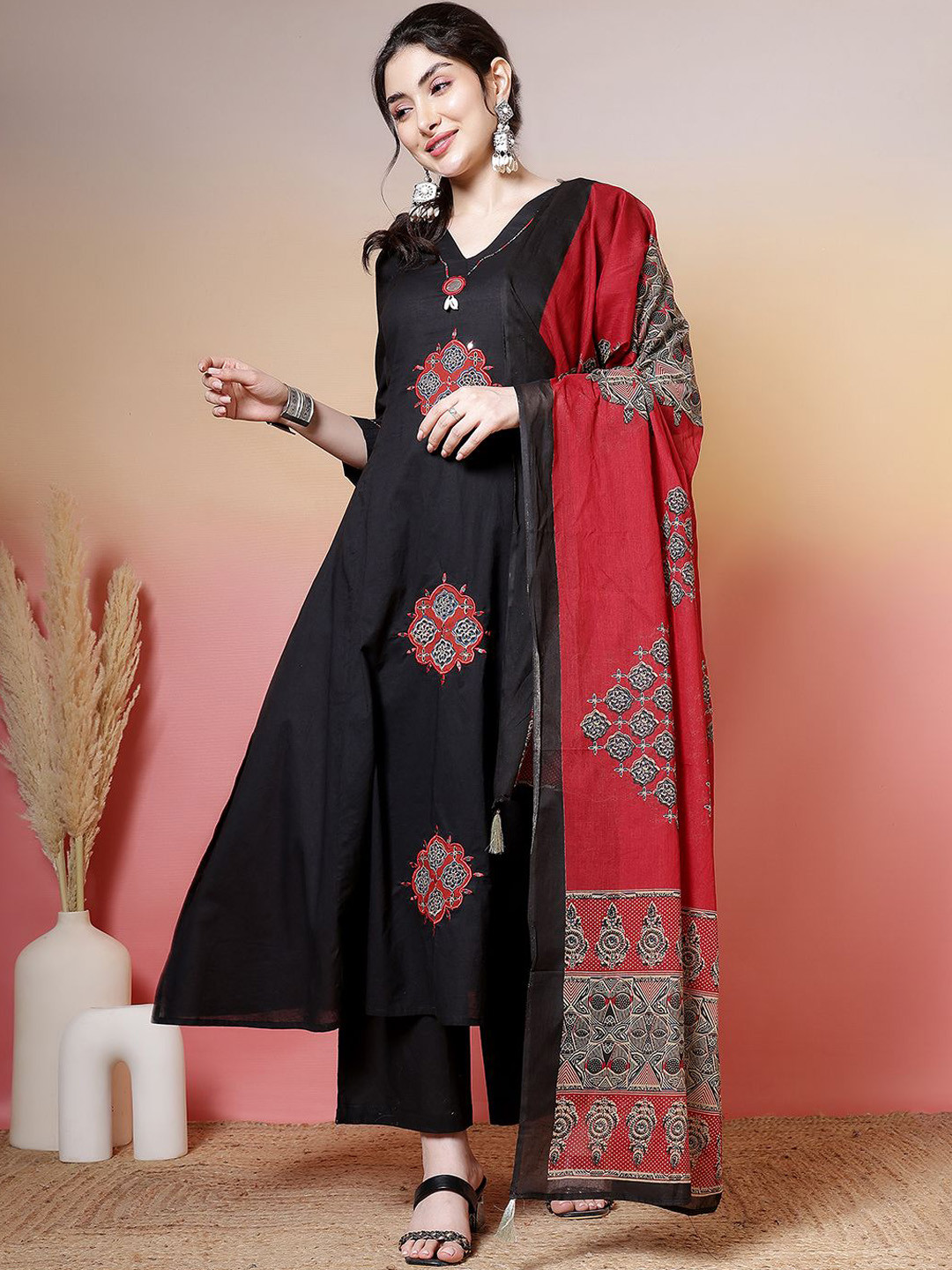 GULMOHAR JAIPUR Women Ethnic Motifs Patchwork A-LIne Kurta with Palazzos & Dupatta