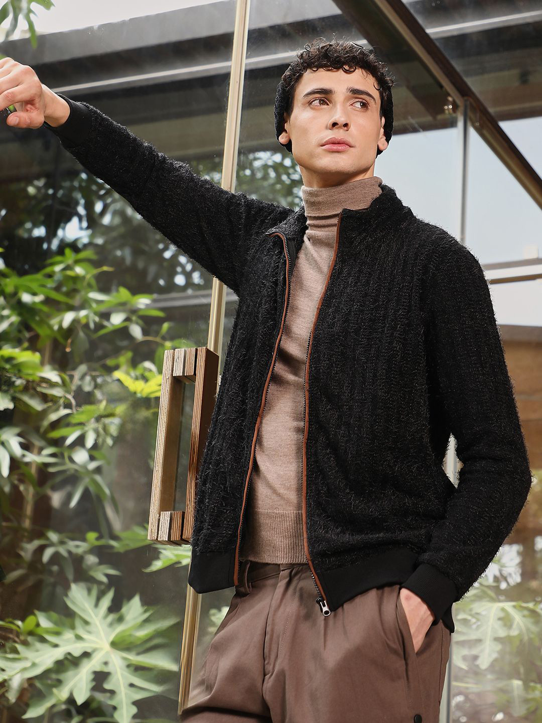 Campus Sutra Men Zip-Front Tactile Fur-Knit Sweater