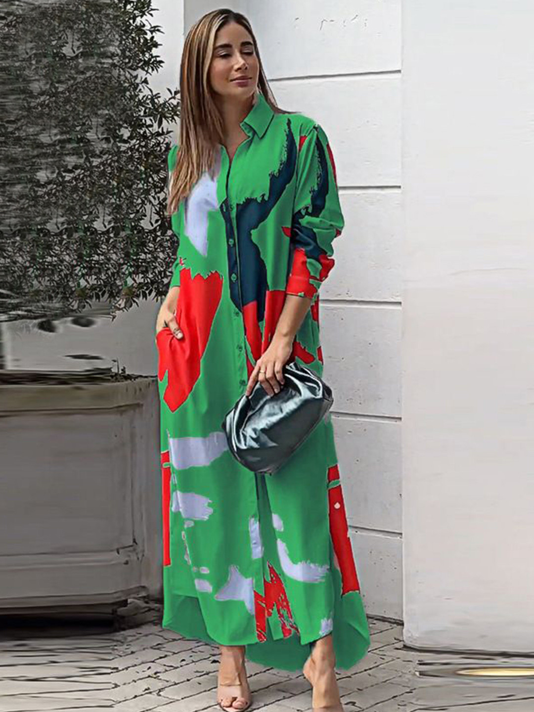 StyleCast Women Abstract Printed Roll-Up Sleeves Shirt Maxi Dress With Utility Pockets
