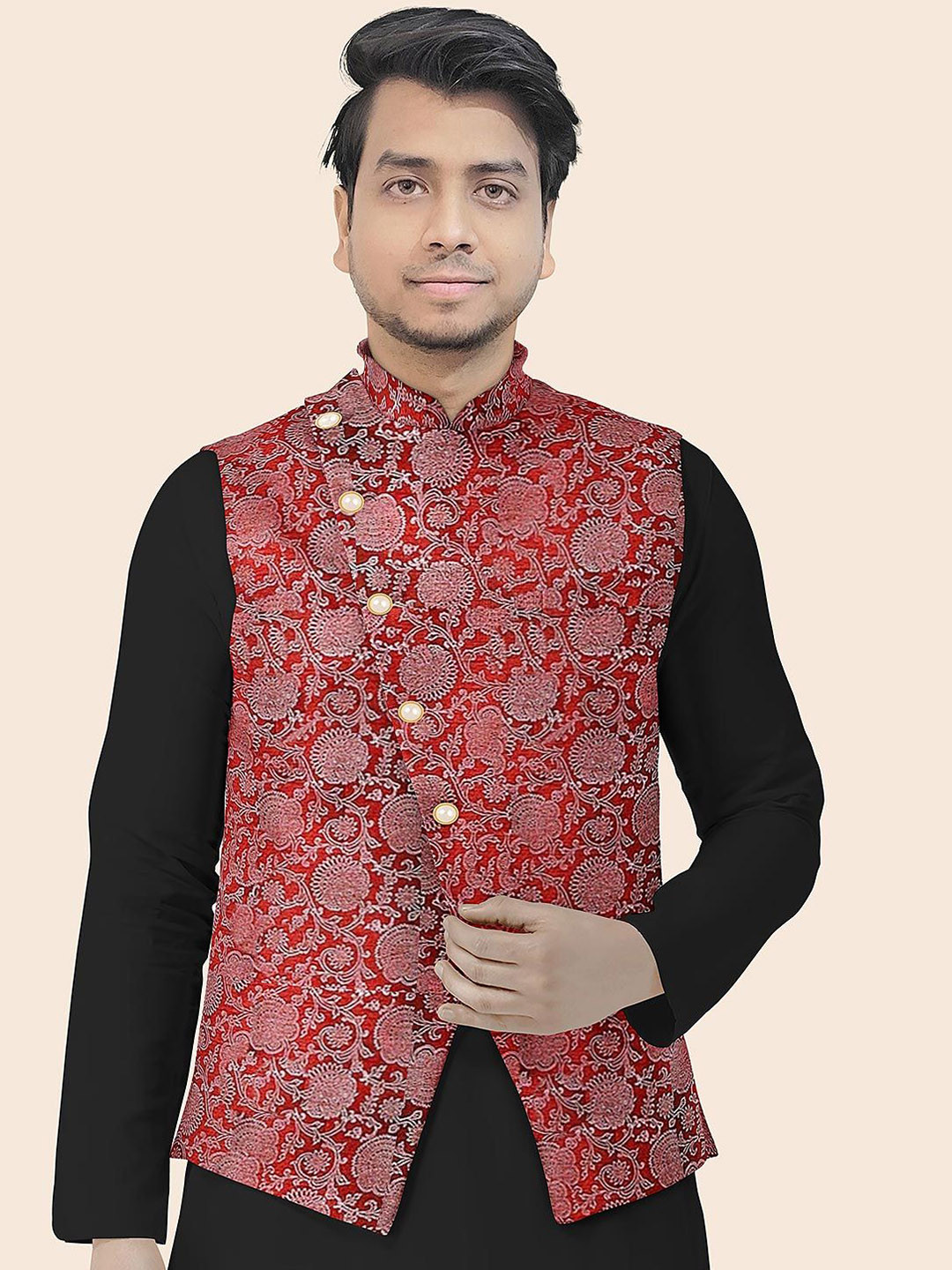 Utsav Fashion Block Printed Art Silk Nehru Jacket in Maroon