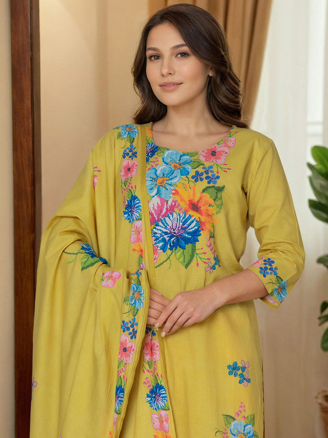 SKYLEE Floral Printed Straight Kurta With Trousers & Dupatta