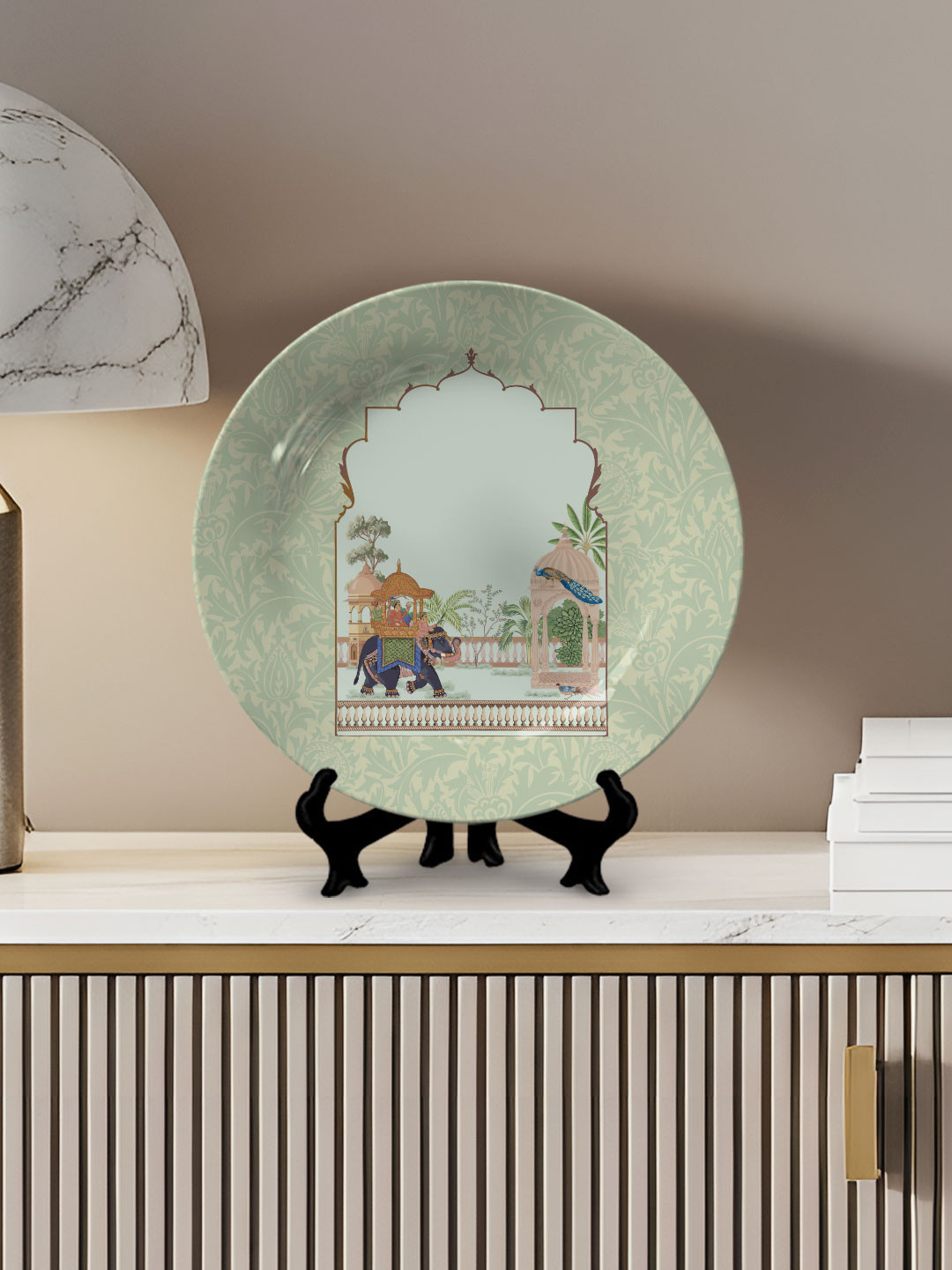 DESSINE ART Green Rajputana King on Elephant Decorative Wall Plate