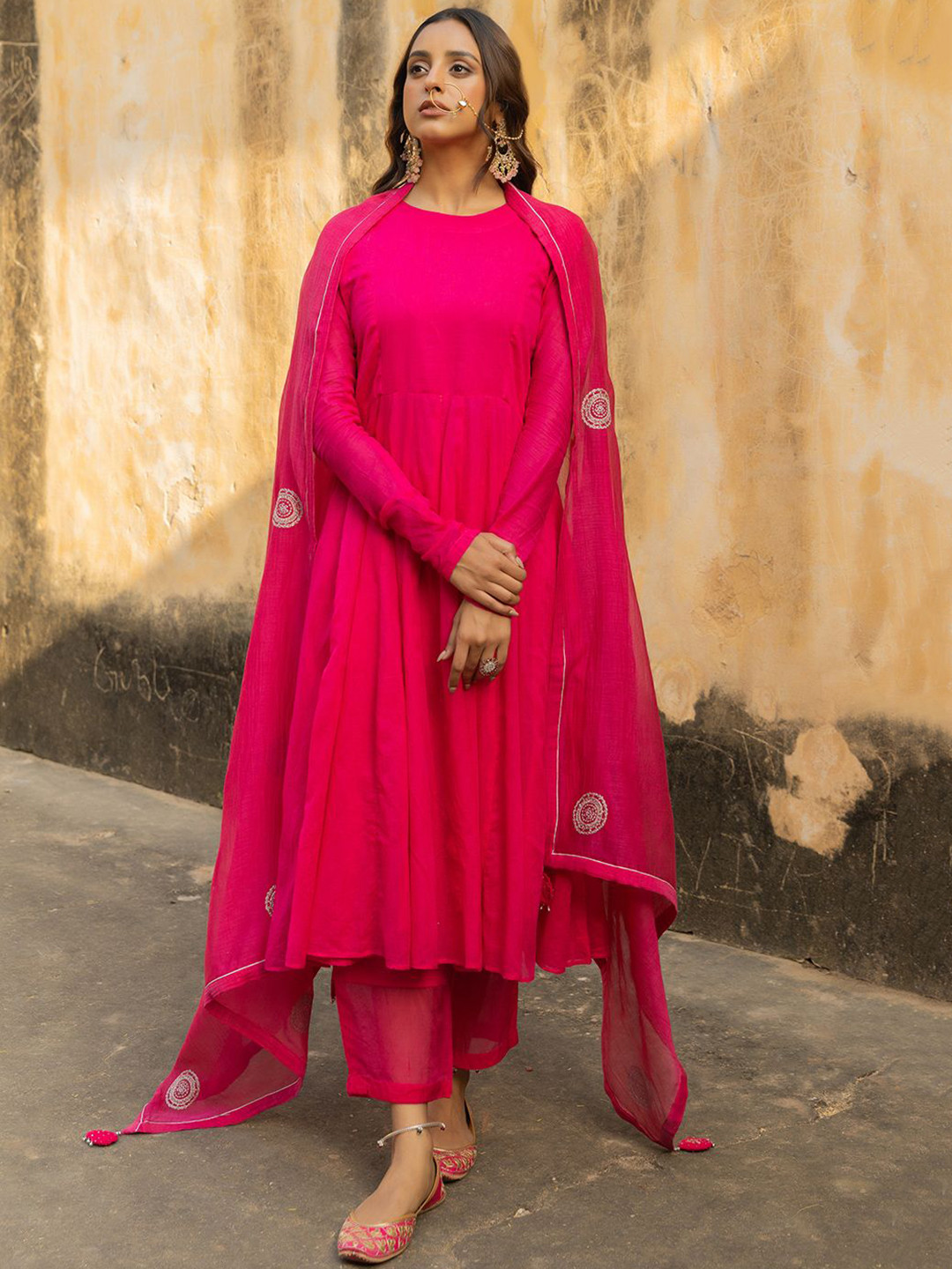 TERHA TAALI Women Solid Pure Cotton Anarkali Kurta with Palazzo & Dupatta