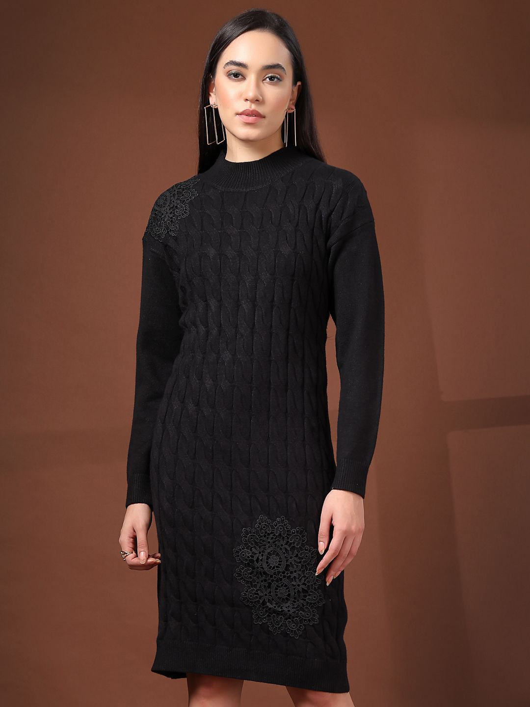 Mafadeny Cable Knit Mock Neck Dress with Delicate Lace Detail
