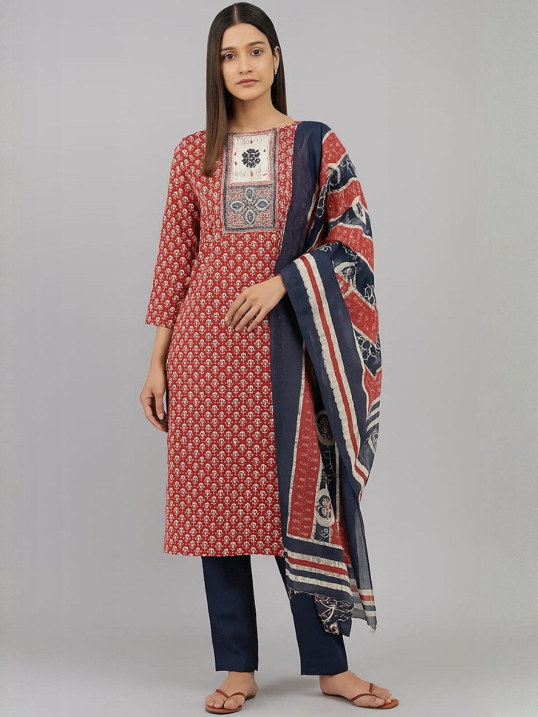 Silakaari  Printed Minimal Mirror Work Unstiched Dress Material