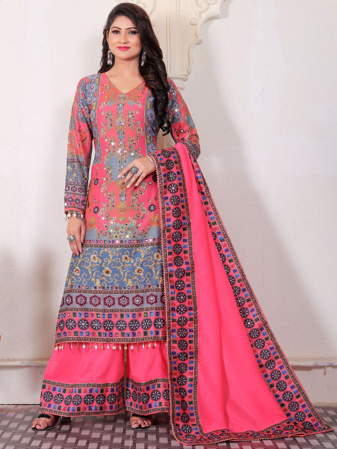 Meher Impex Women Embroidered Regular Mirror Work Kurti with Palazzos & Dupatta