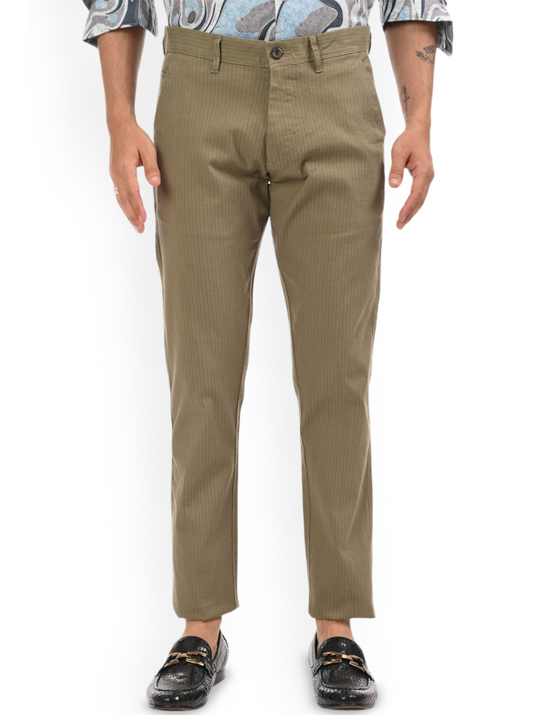 Estilocus Men Cotton Slim Fit Striped Chinos Formal with Elegant Detailing