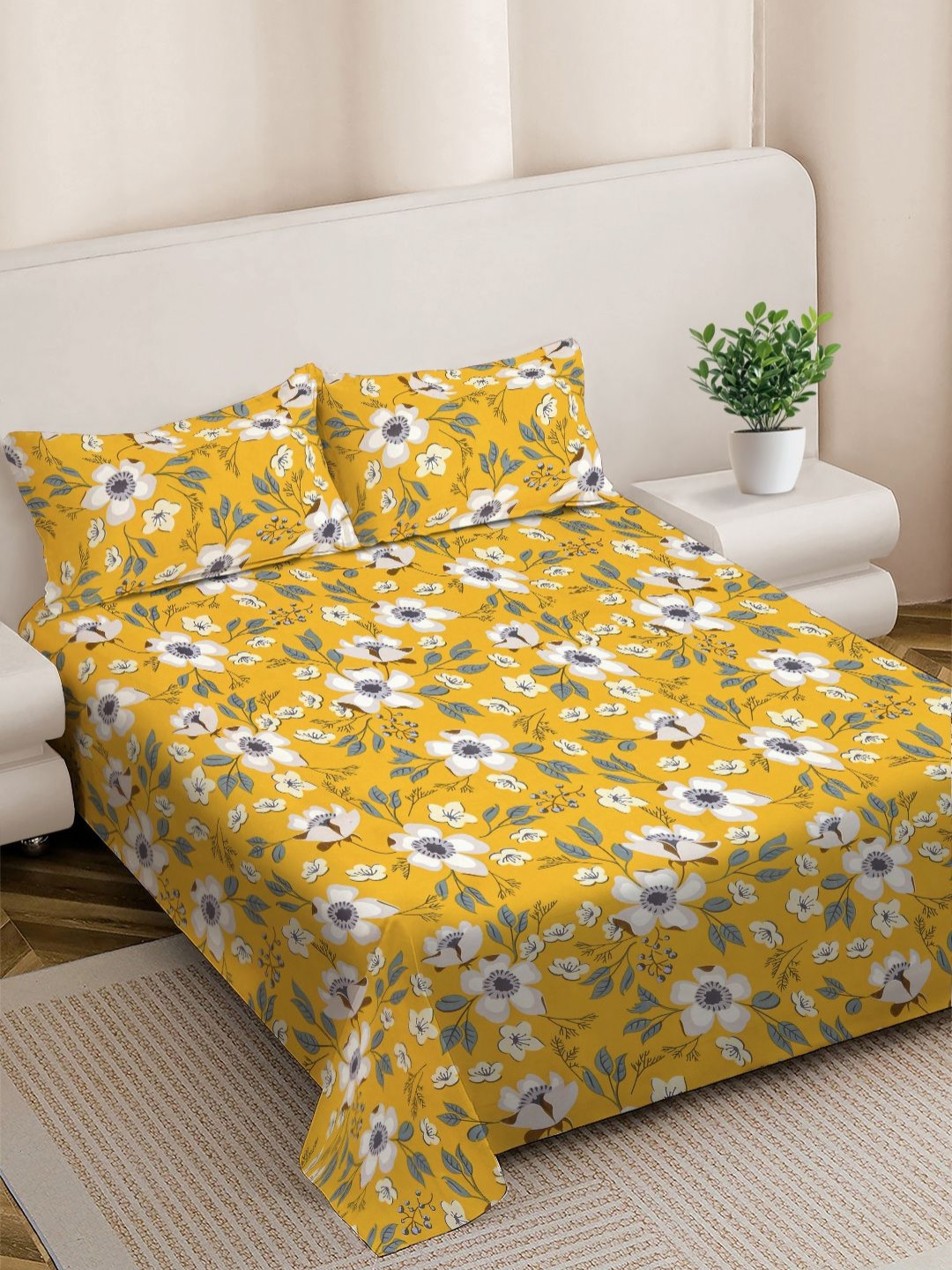 FABINALIV Yellow & White Floral 300 TC King Bedsheet 2.50 m X 2.25 m