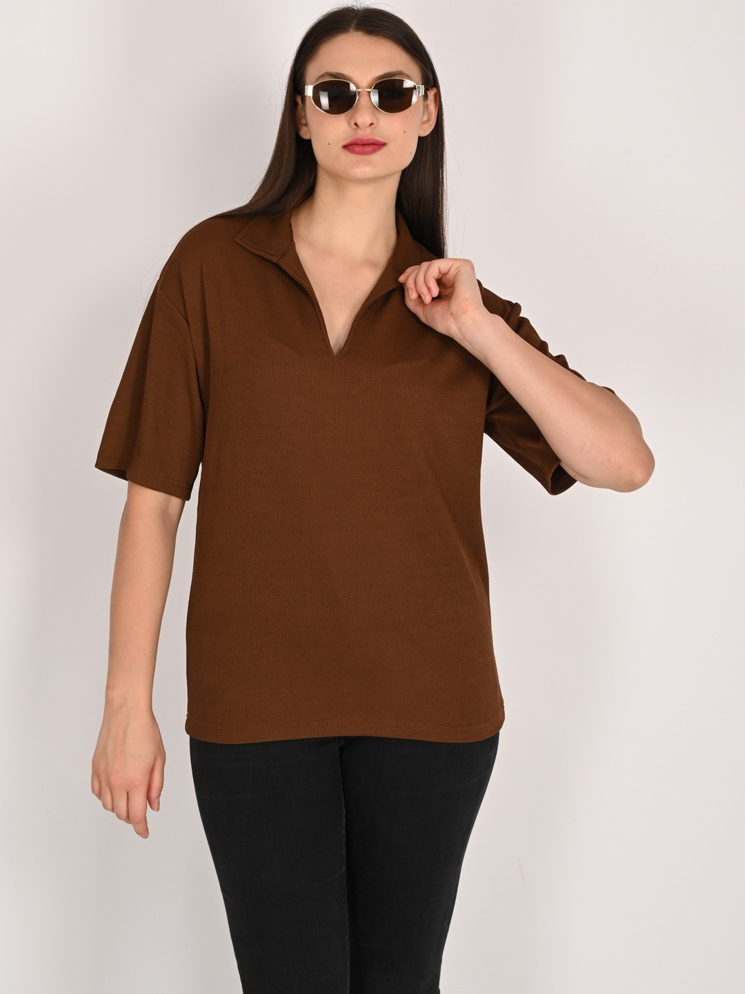WANQUILA Women Brown V-Neck T-shirt