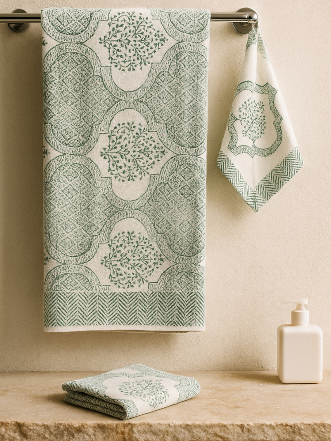 LIVING ROOTS Green 3 Pieces Block Printed 210 GSM Waffle Cotton Soft & Absorbent Towel Set