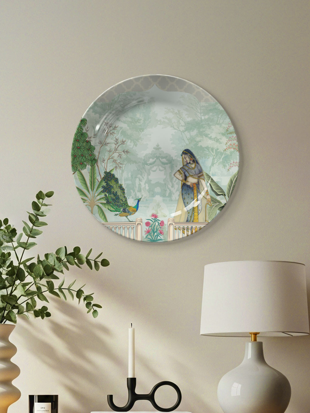 DESSINE ART Green & White Rajasthani Lady Dancing Printed Ceramic Wall Plate