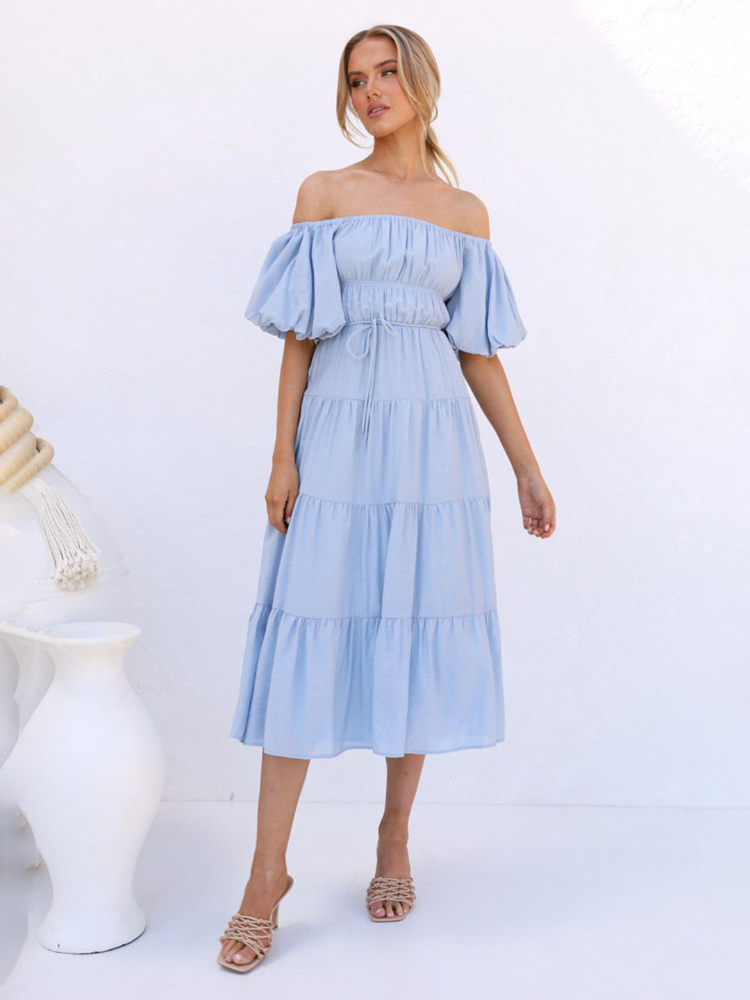 StyleCast Women Off-Shoulder Puff Sleeve Tiered Fit And Flare Dress