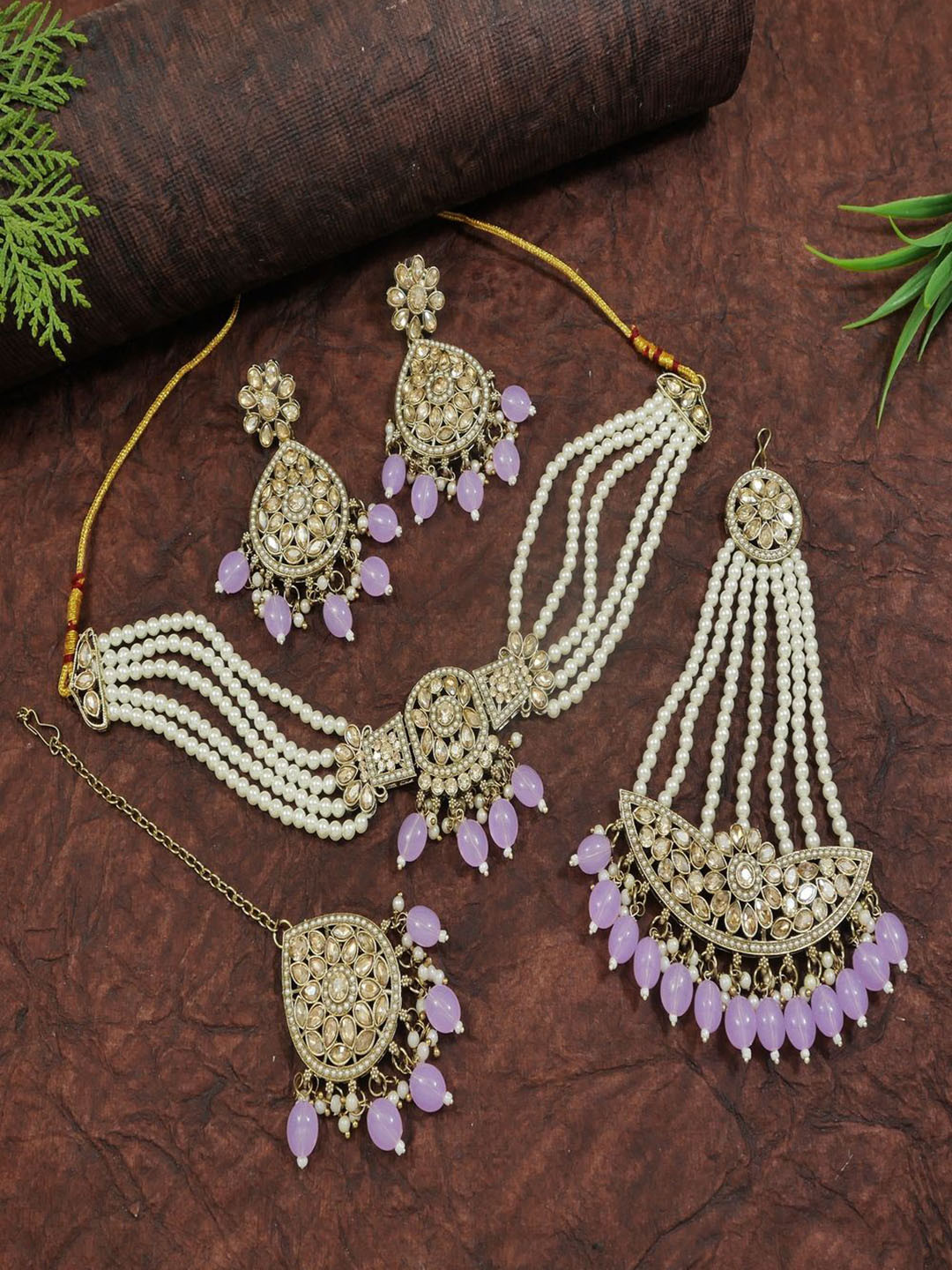 SGA FASHION Gold-Plated Kundan Studded & Pearls Beaded Jewellery Set