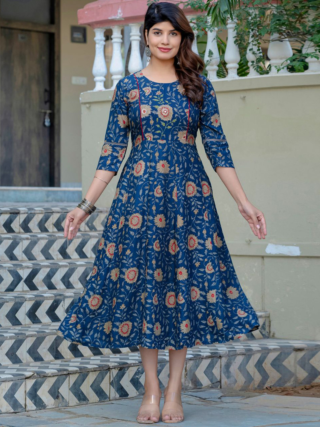 Mitera Women Floral Printed Round Neck Rayon Anarkali Gown