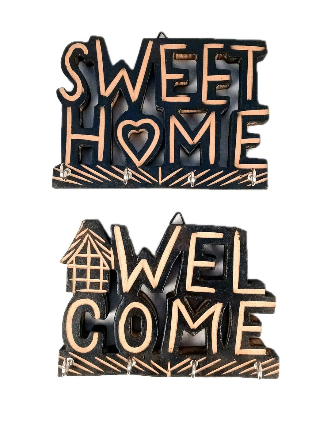 apka mart Brown 2 Piece Sweet Home And Welcome Design Key Holder Wall Hanging
