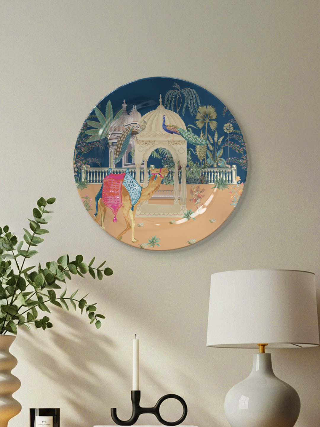 DESSINE ART Blue & Brown Mughal Camel Garden Printed Decorative Wall Plate
