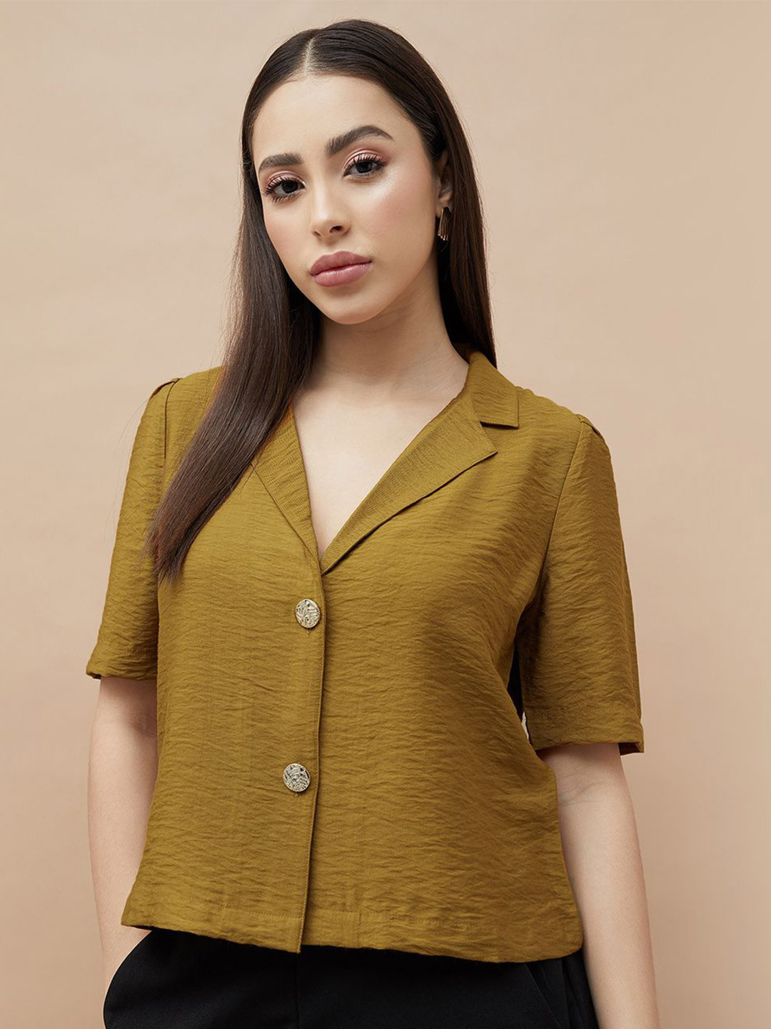 CODE by Lifestyle Women Lapel Collar Shirt Style Crop Top