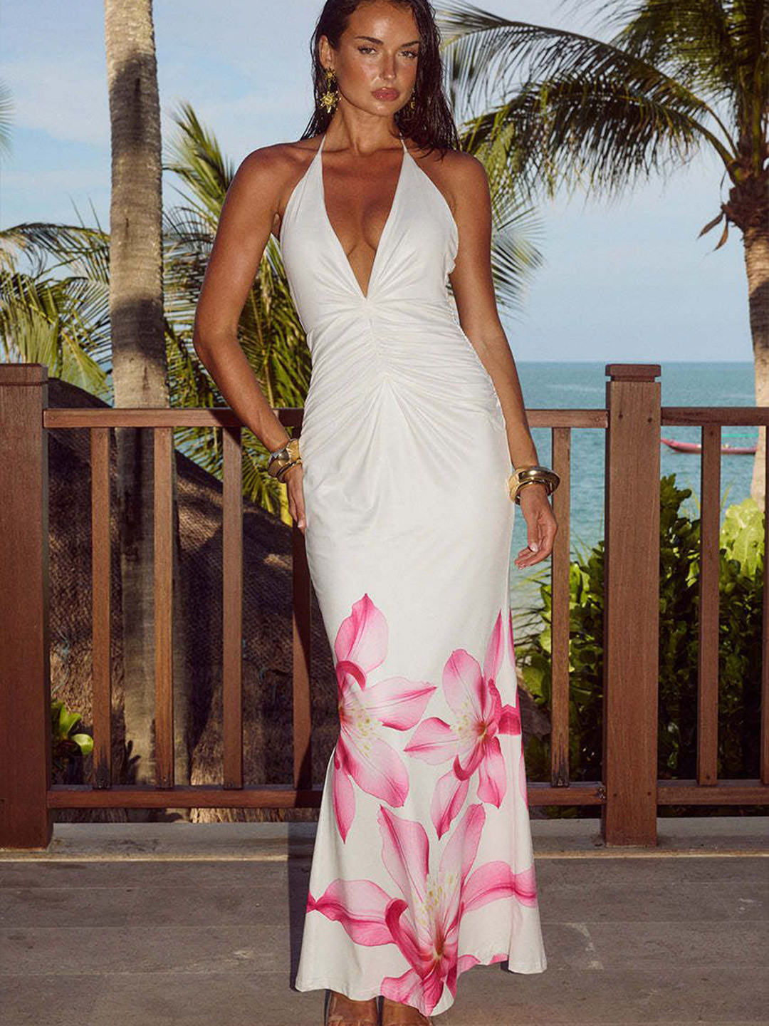 StyleCast Women Halter Neck Maxi Dress with Floral Print At The Hem