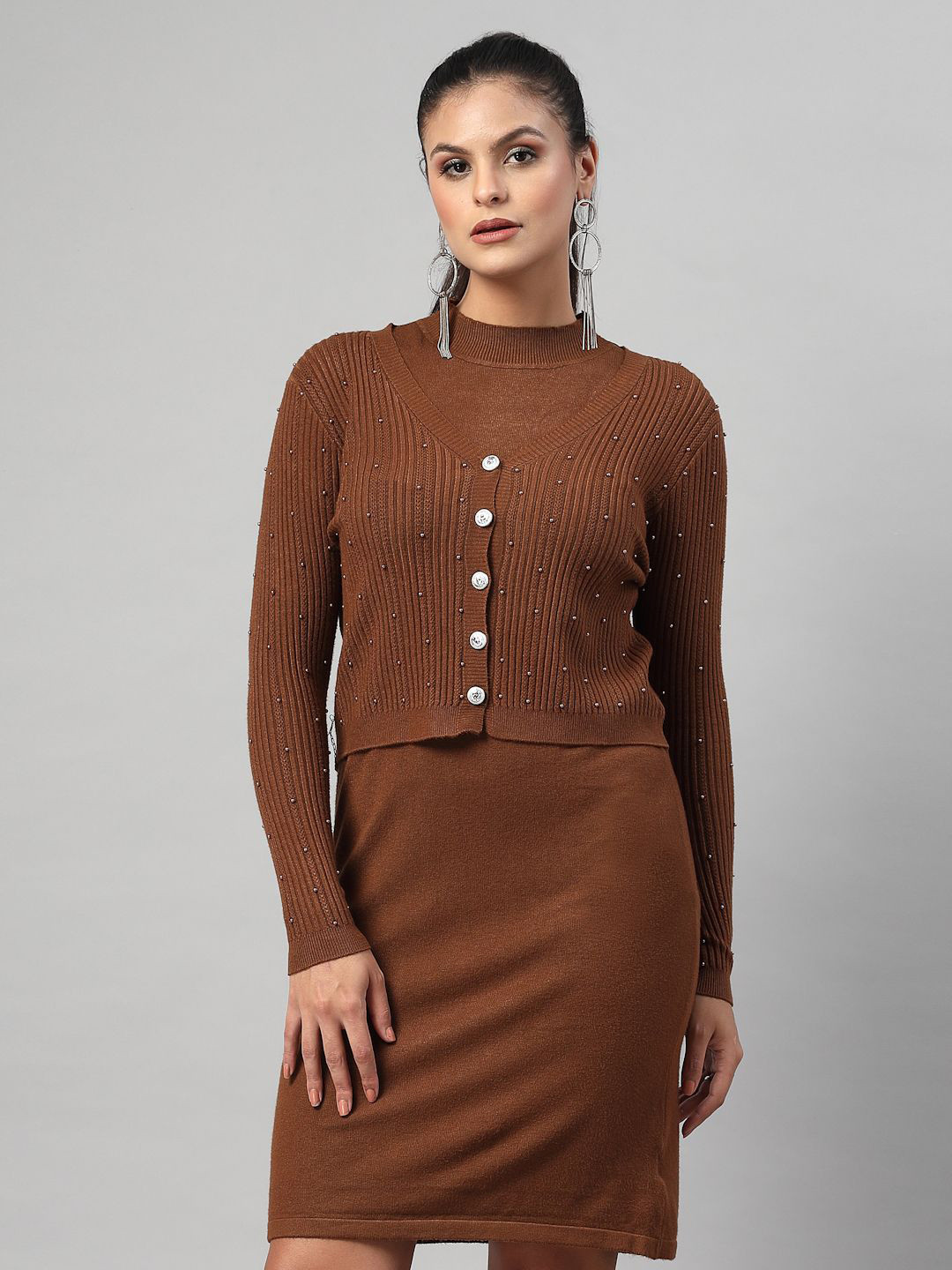 Mafadeny Mock Neck Dress with Pearl Embellished Cropped Cardigan