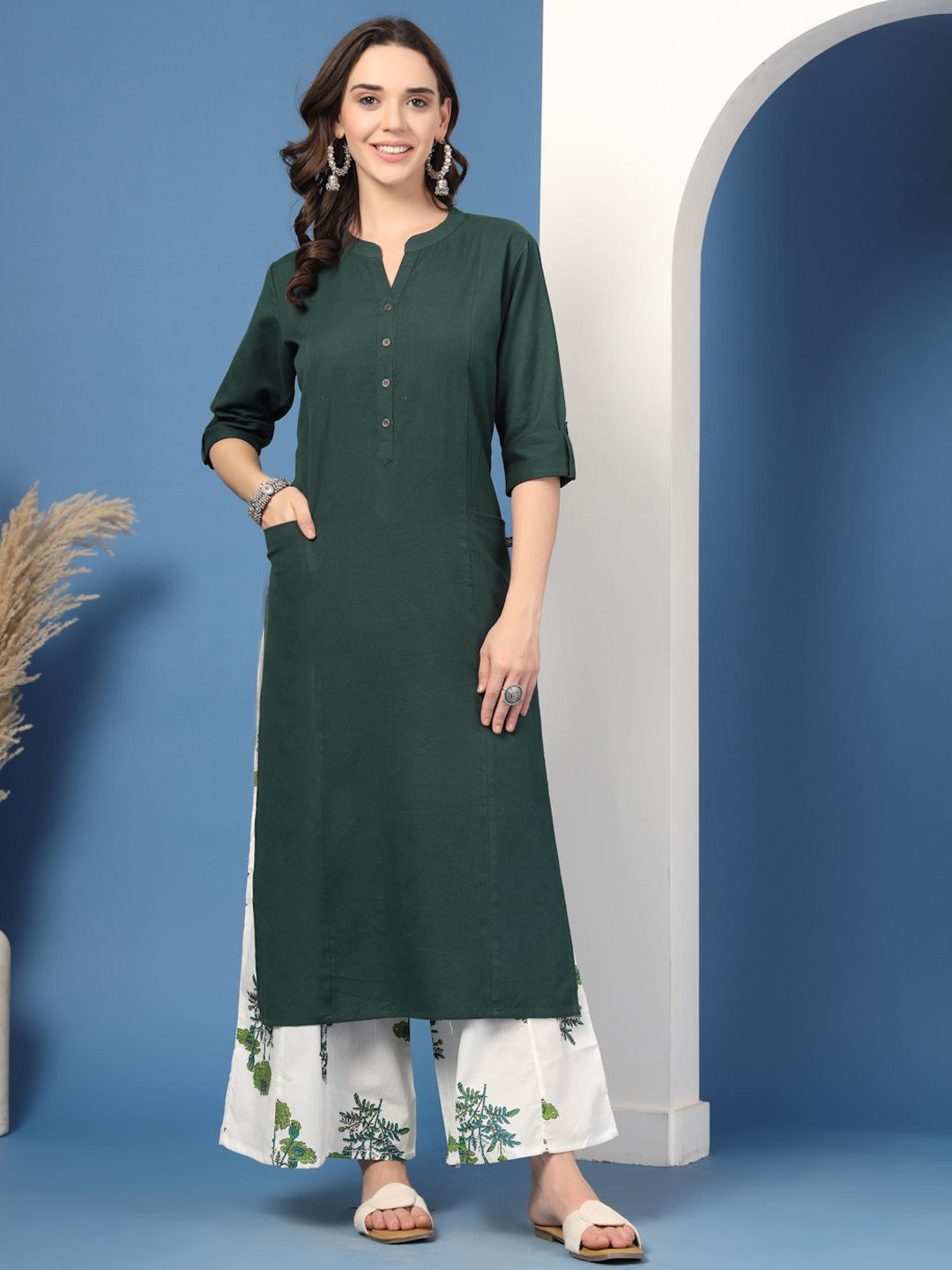 Pistaa Women Mandarin Collar Roll-Up Sleeves Pure Cotton A-Line Kurta with Palazzos