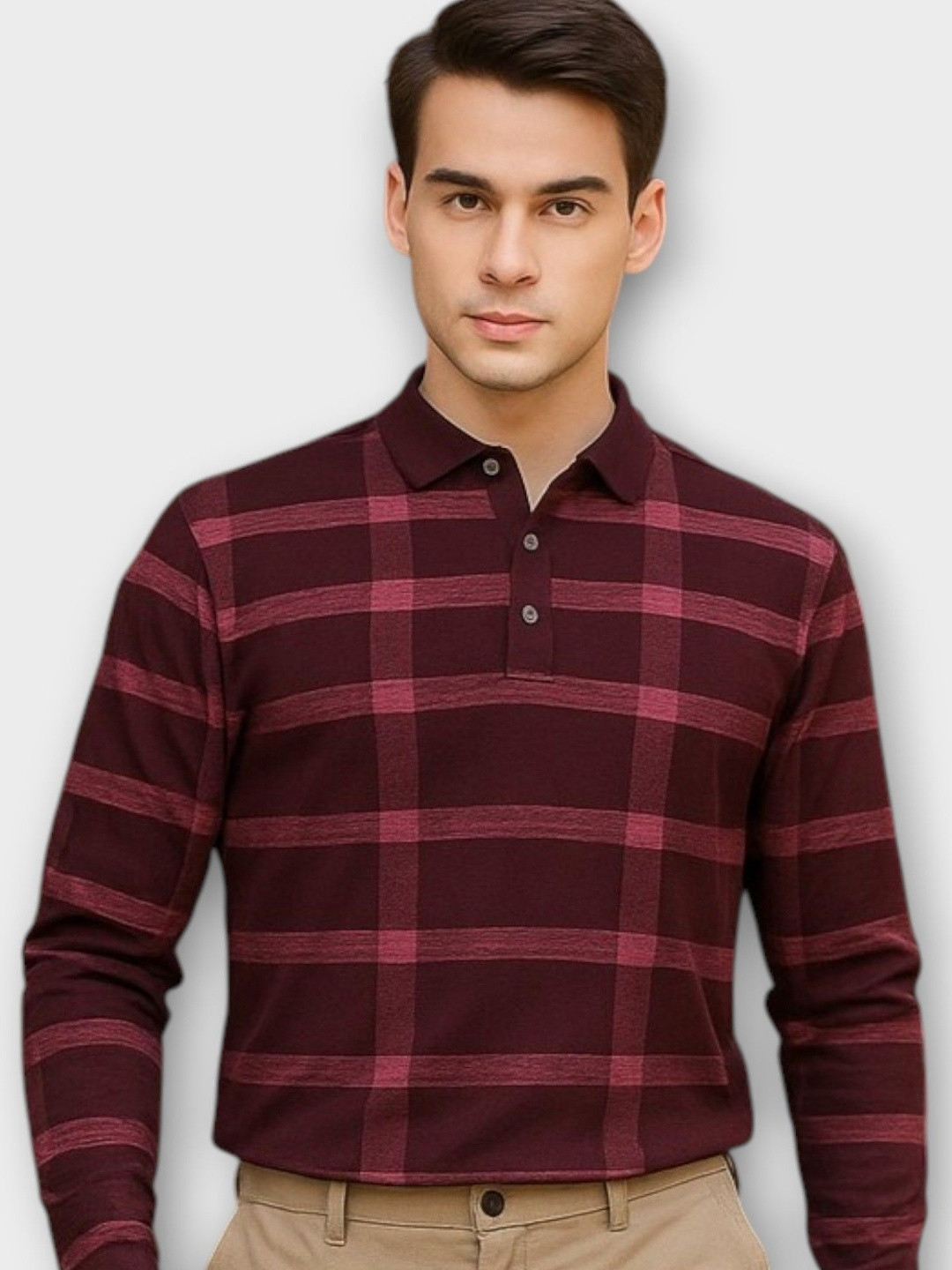 AUTNA Men Maroon Checked Polo Collar Long Sleeve T-shirt