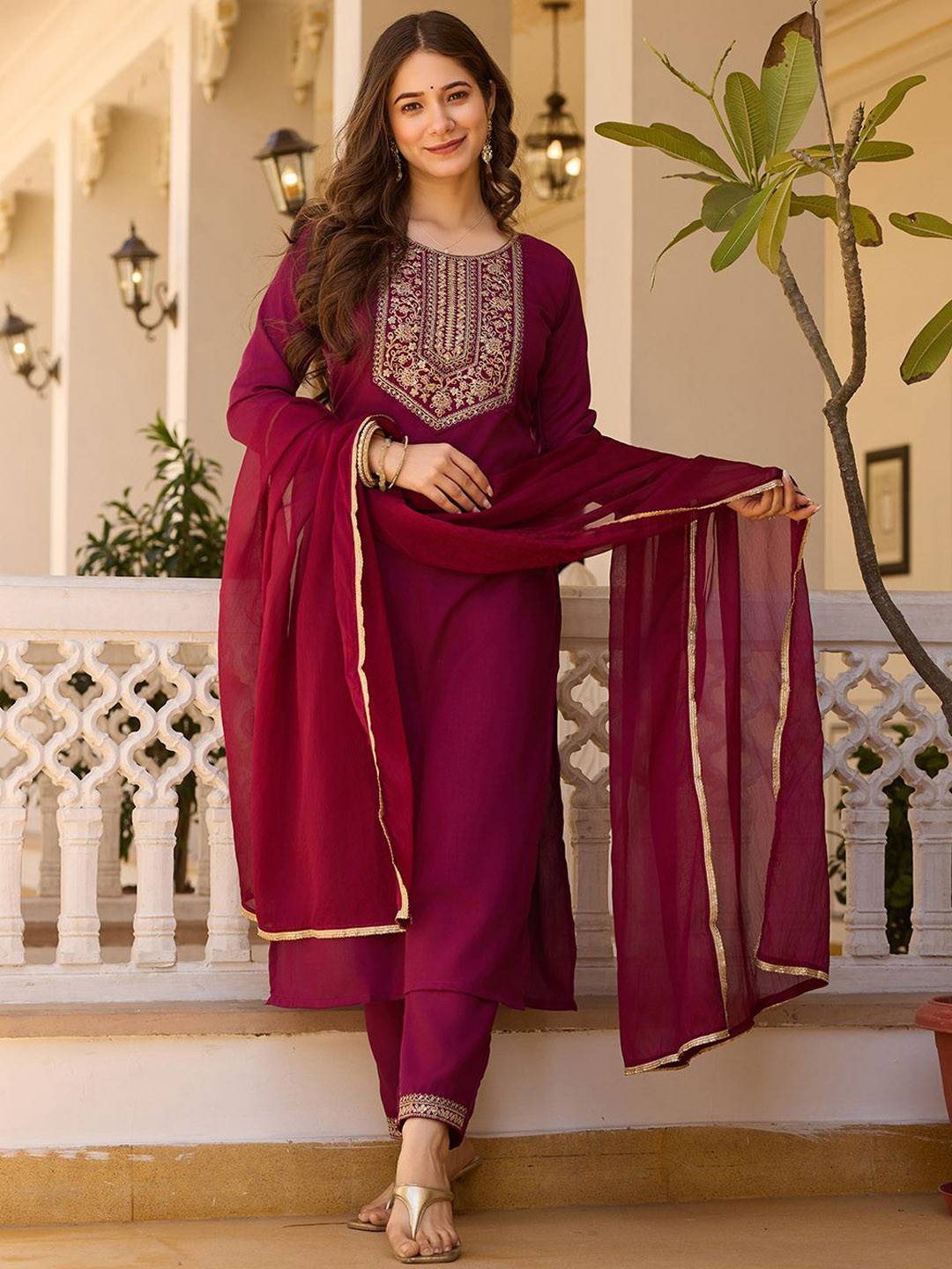 Pantos Ethnic Motifs Embroidered Round Neck Thread Work Kurta With Trousers & Dupatta