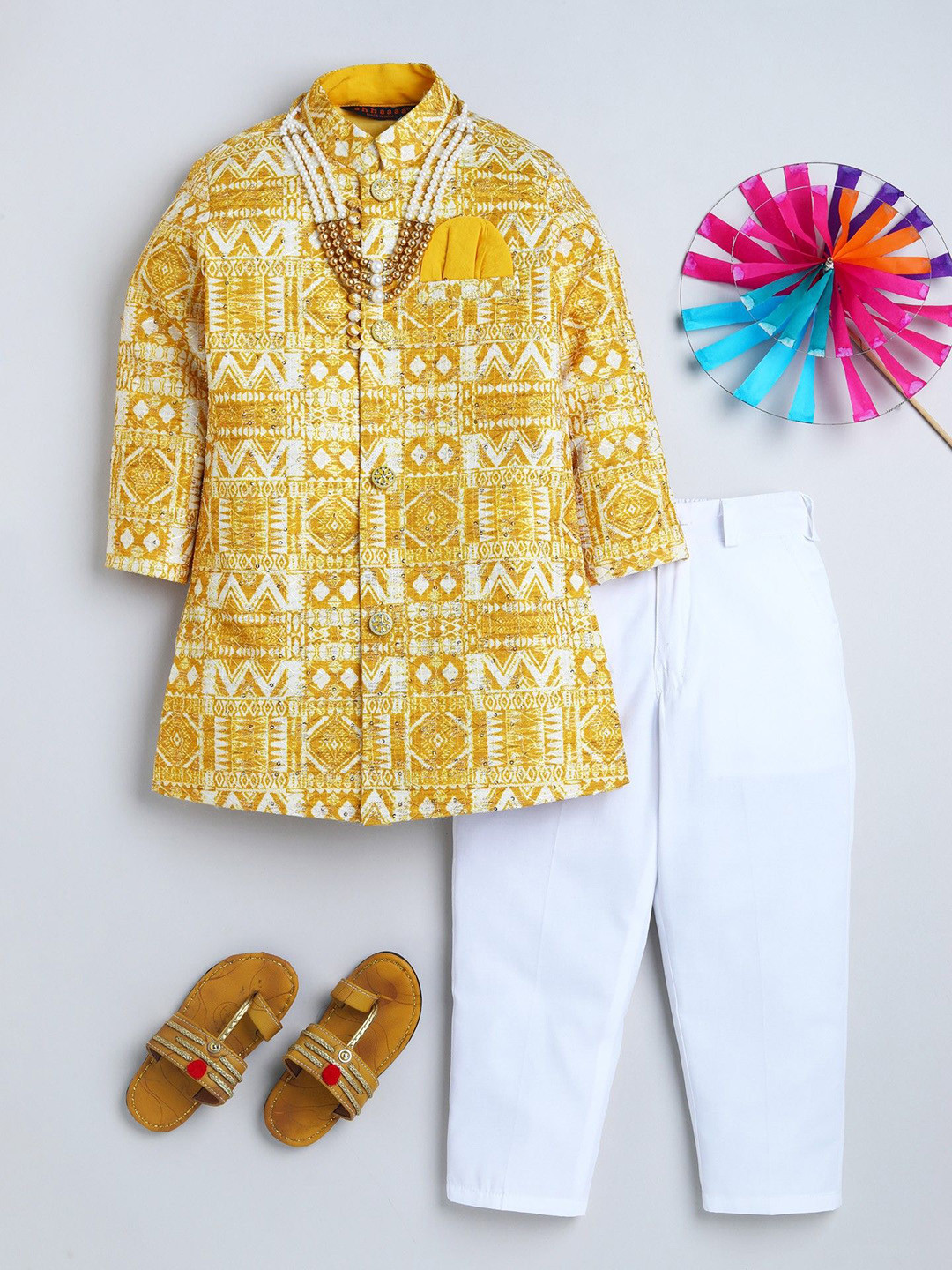 ahhaaaa Boys Geometric Printed Pure Cotton Jodhpuri Sherwani