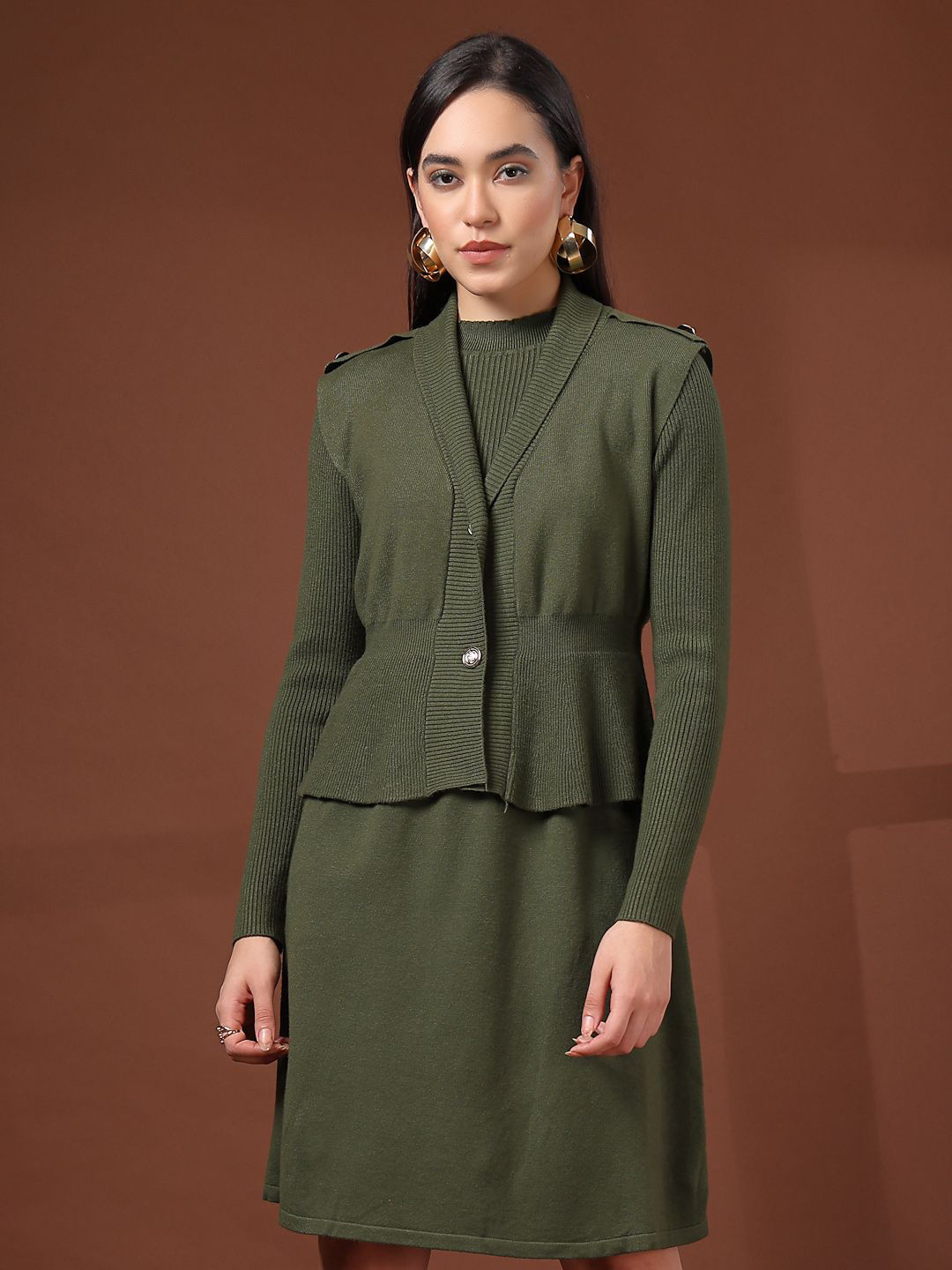 Mafadeny Scoop Neck Dress with Cropped Cardigan & Statement Button Detail