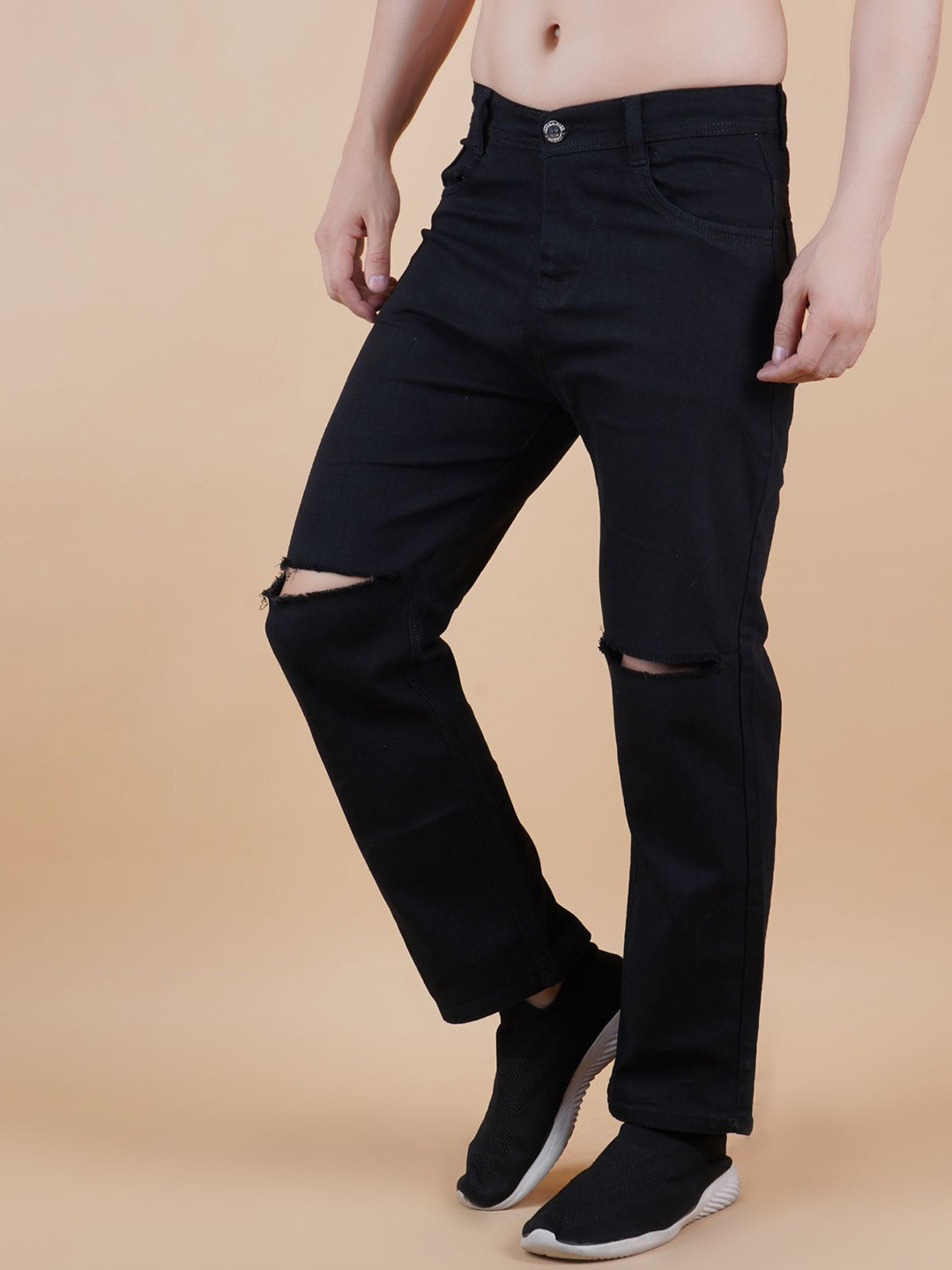 MaverIQ Men Classic Mid-Rise Slash Knee Slouchy Fit Stretchable Jeans