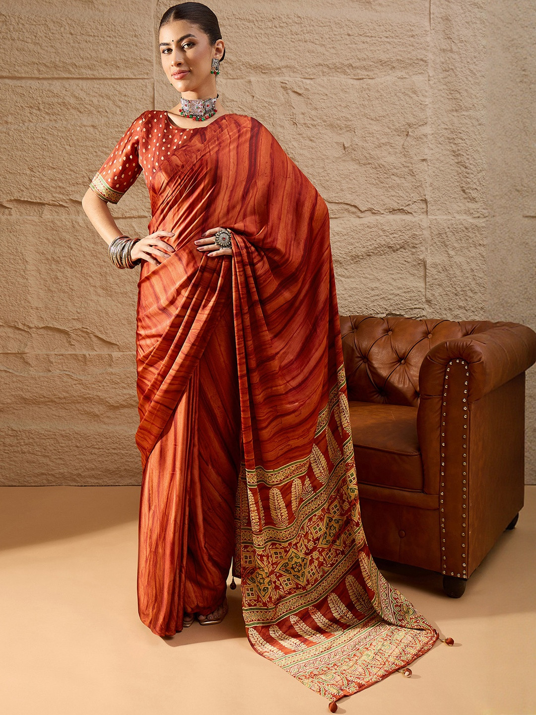 Sangria Rust Crepe Ethnic Printed Party Wear Saree with Matching Blouse