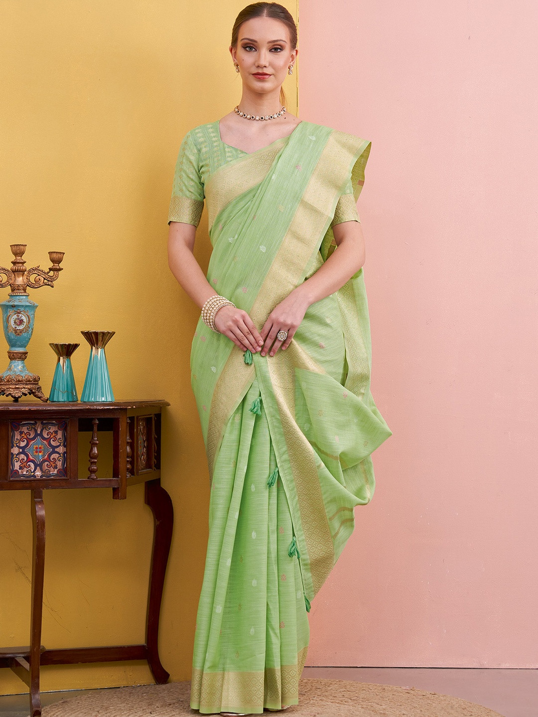 Sangria Women Light Green Linen  Design Traditional Wear Saree with Matching Blouse