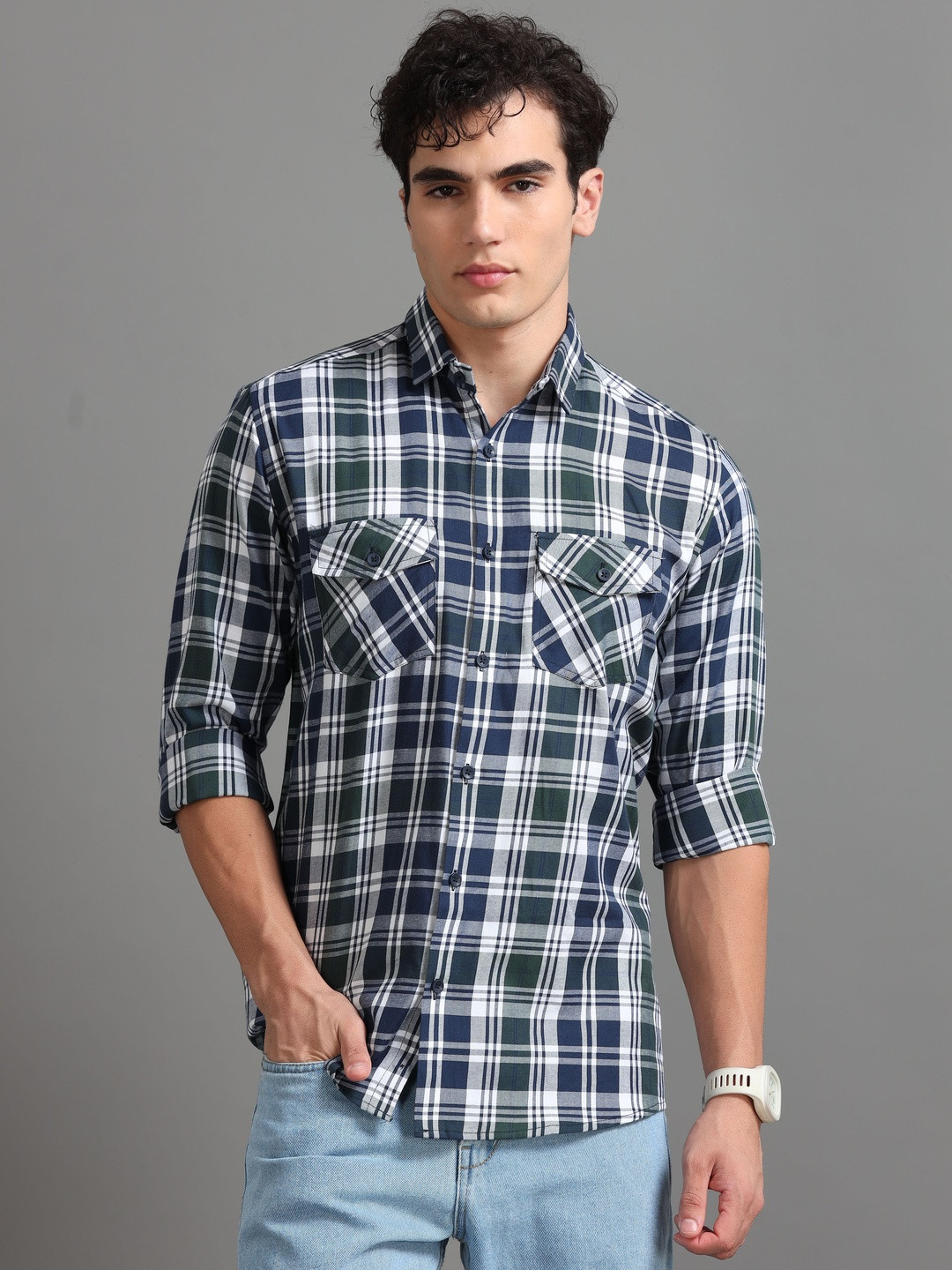 Kolor Fusion Men Blue Relaxed Checked Long Sleeves Double Pocket Cotton Casual Shirt