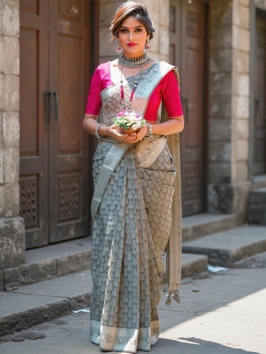 VILLE FASHION Women Woven Design Zari Banarasi Sillk Saree