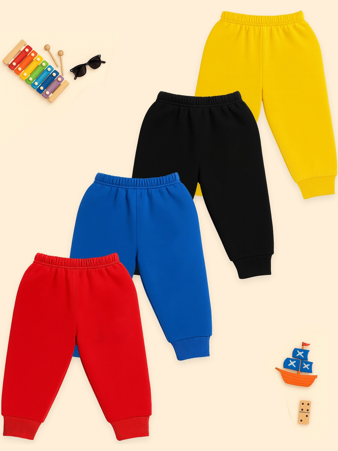 YK Boys Pack Of 4 Multicolor Solid Track Pants
