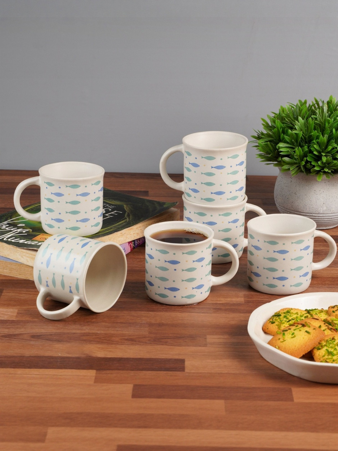 Ekaura Set of 6 White & Blue Ceramic Cups and Mugs