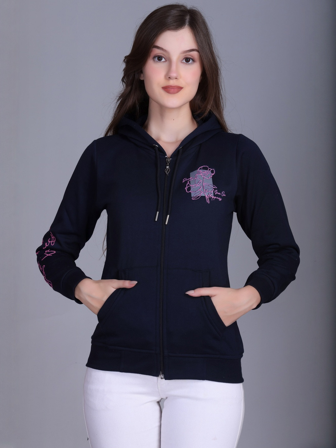 HERE&NOW Women Navy Blue Full Front Zip Sweatshirt with Hood