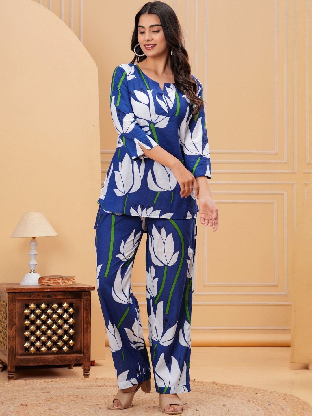 DECORIS Women Dark Blue Cotton Floral Printed Co-Ord Set
