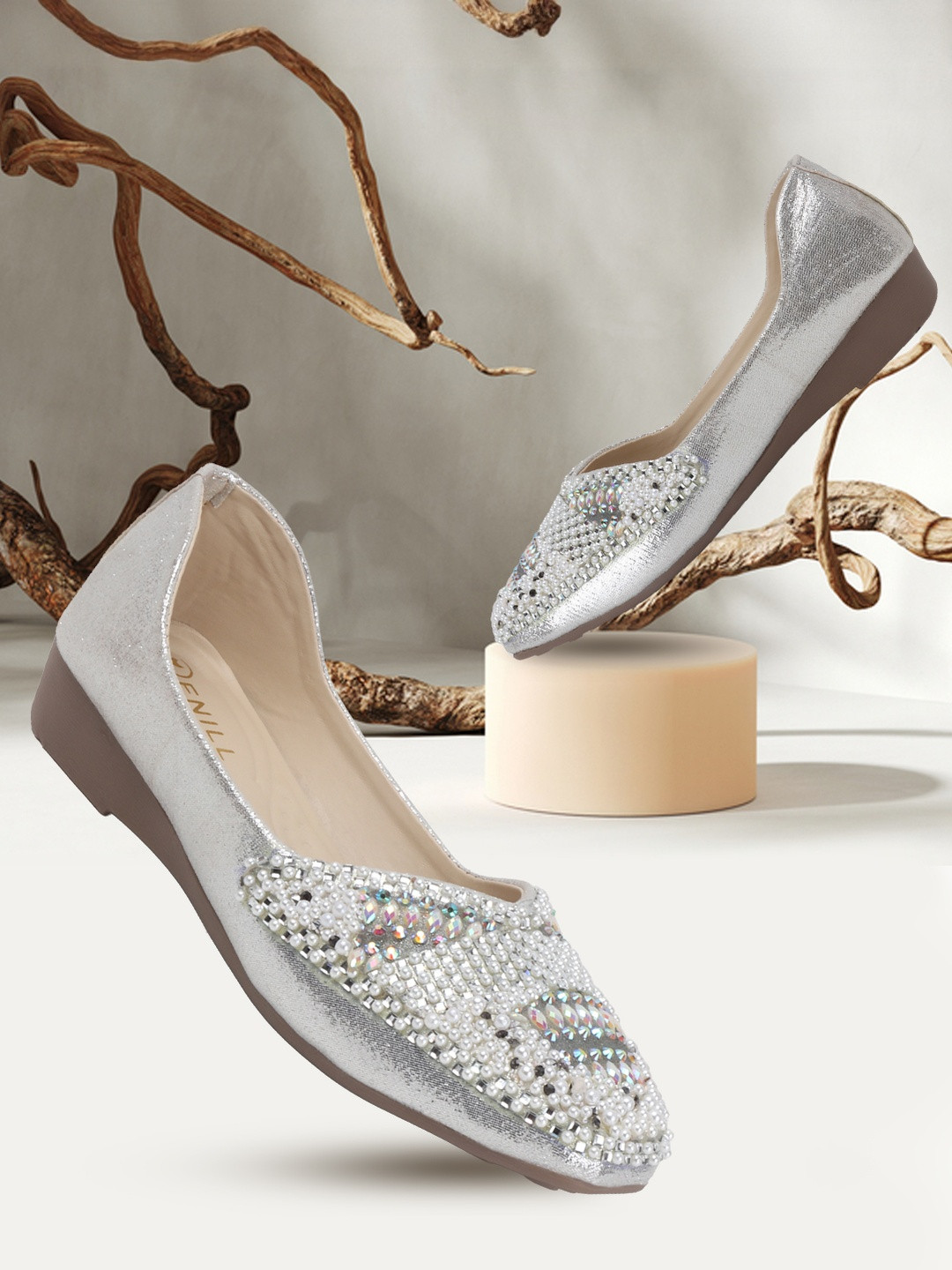 Denill Women Silver Embellished Pearl & Rhinestone Ballerinas