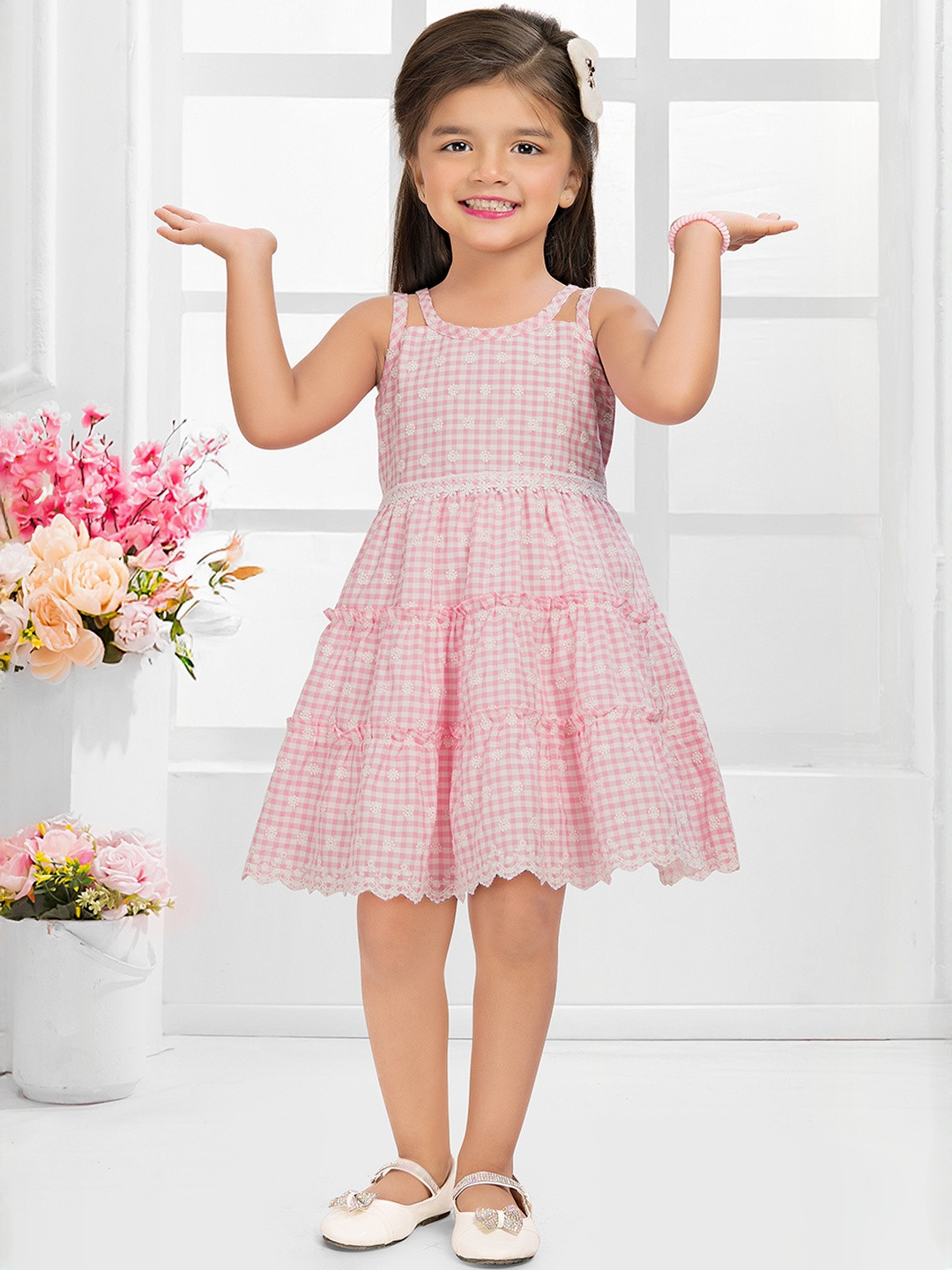 SNAZZYGIRL Girls Pink Soft Cotton Checked Knee Length Chikan Work Dress