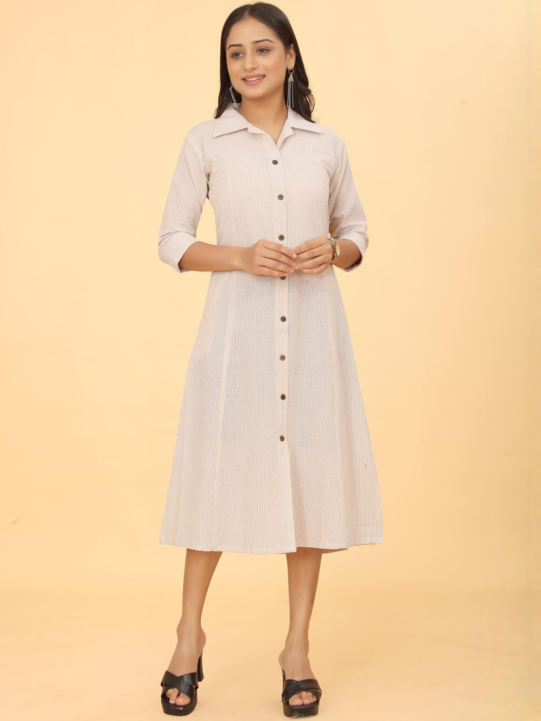 Kalini Women Cream Striped A-Line Midi Shirt Dress