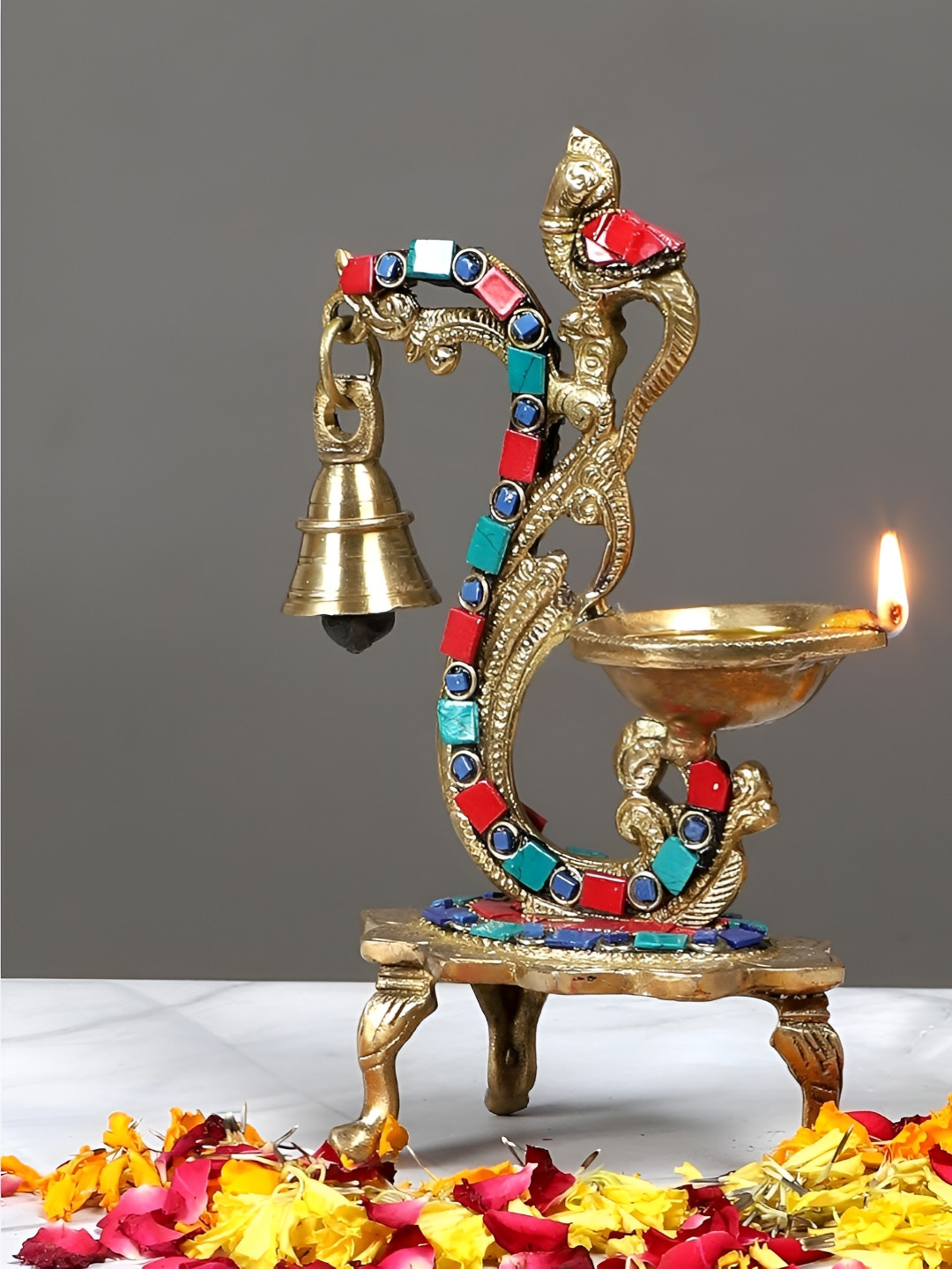 ELEVATE INDIA Gold-Toned Peacock Design Diya With Bell