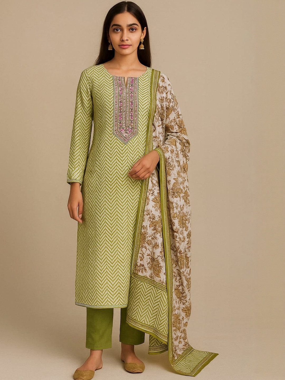 Silakaari Women Green Leheriya Printed Sequin Unstiched Dress Material