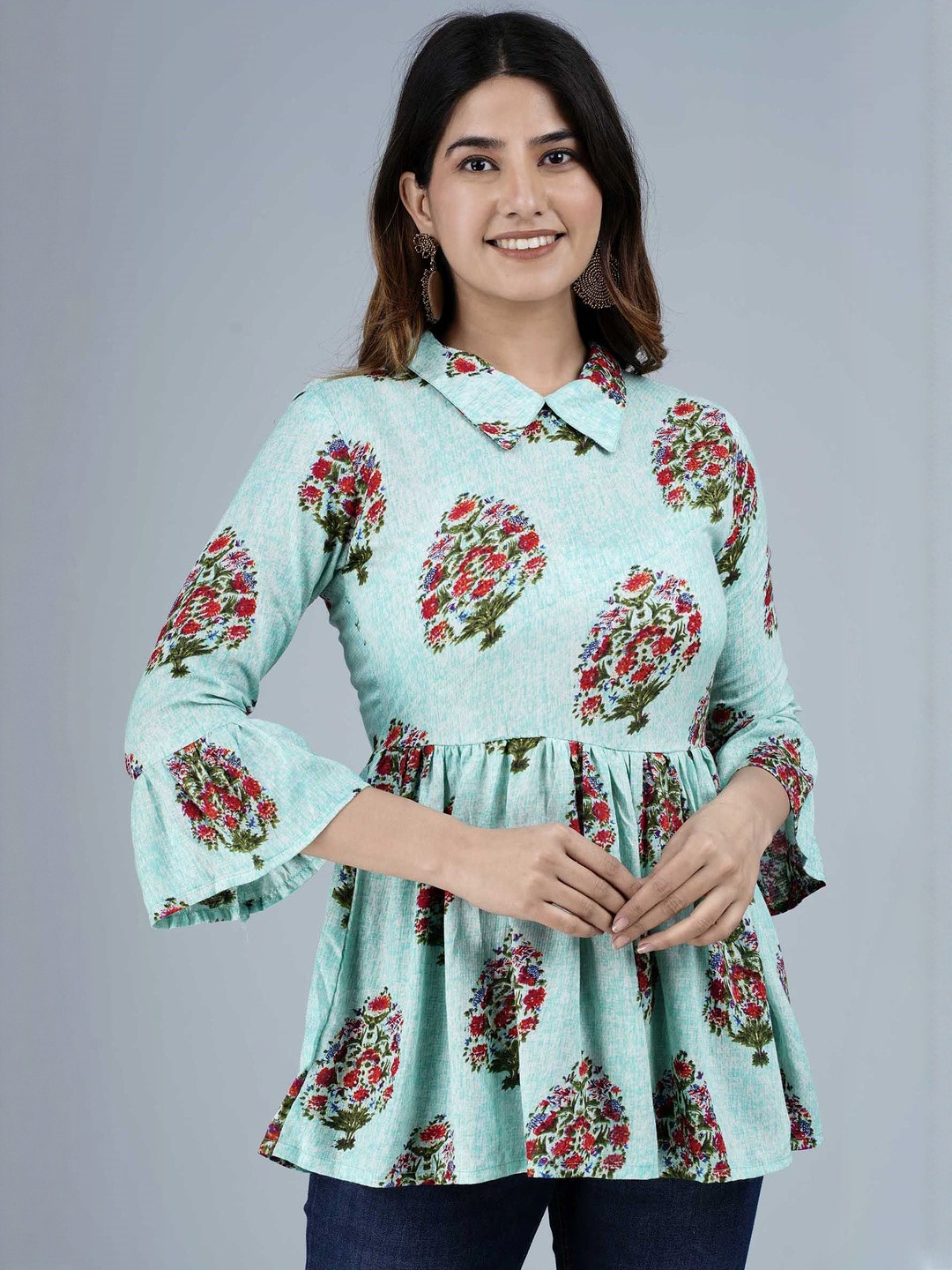 Indiwest Women Viscose Rayon Shirt Collar Printed Tunic