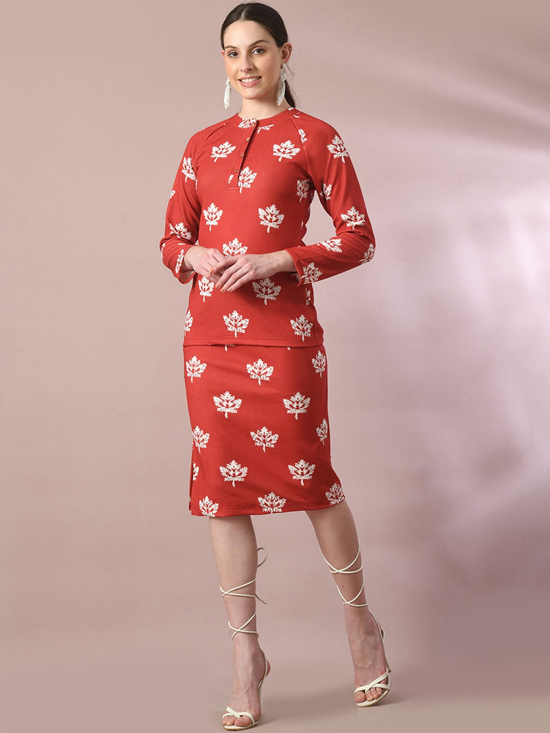 Here&Now Women Rust Printed Valentino Round Neck Party Top With Skirt Co-ord set
